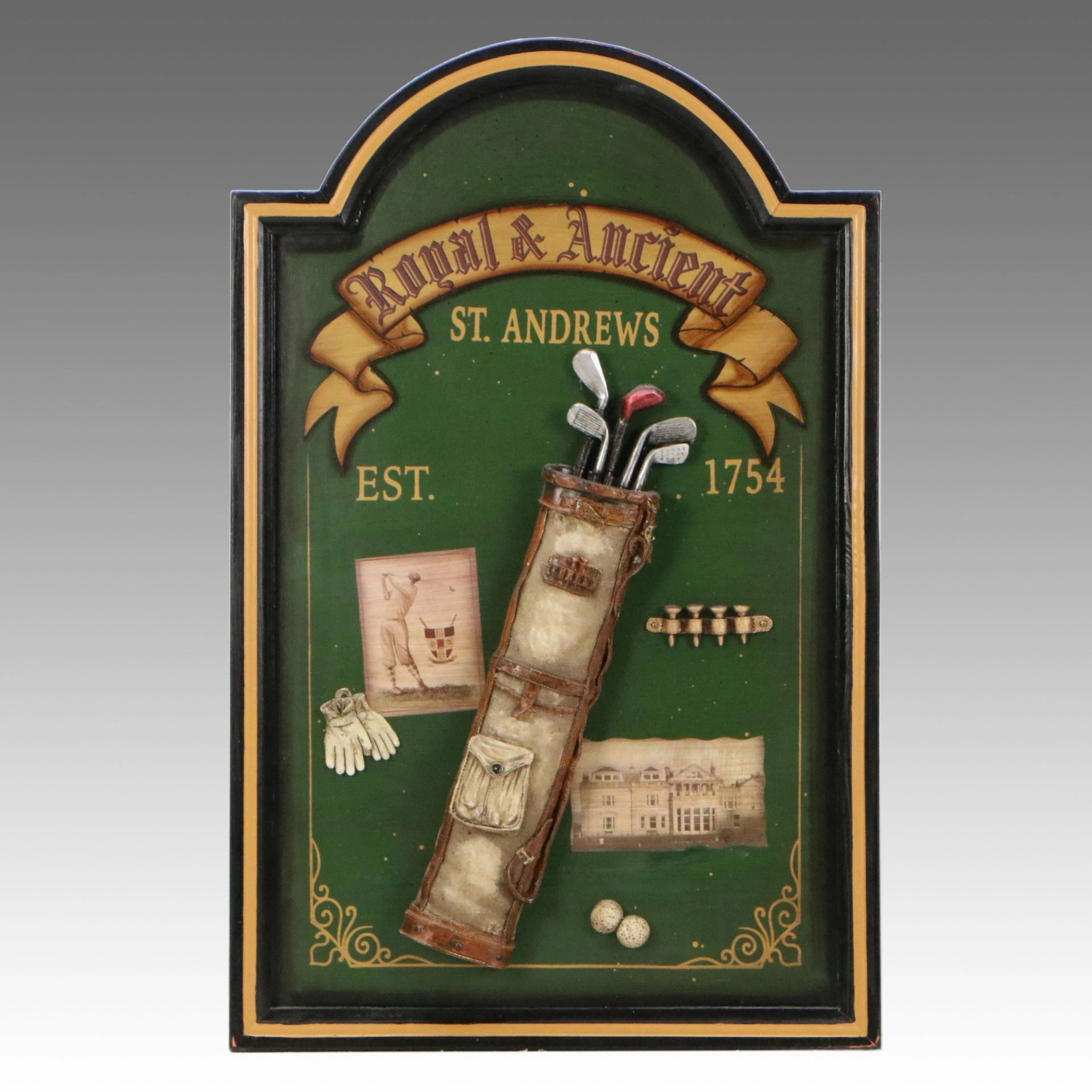 Mixed Media Relief Wall Art Panel "Royal & Ancient St. Andrews," 20th C.