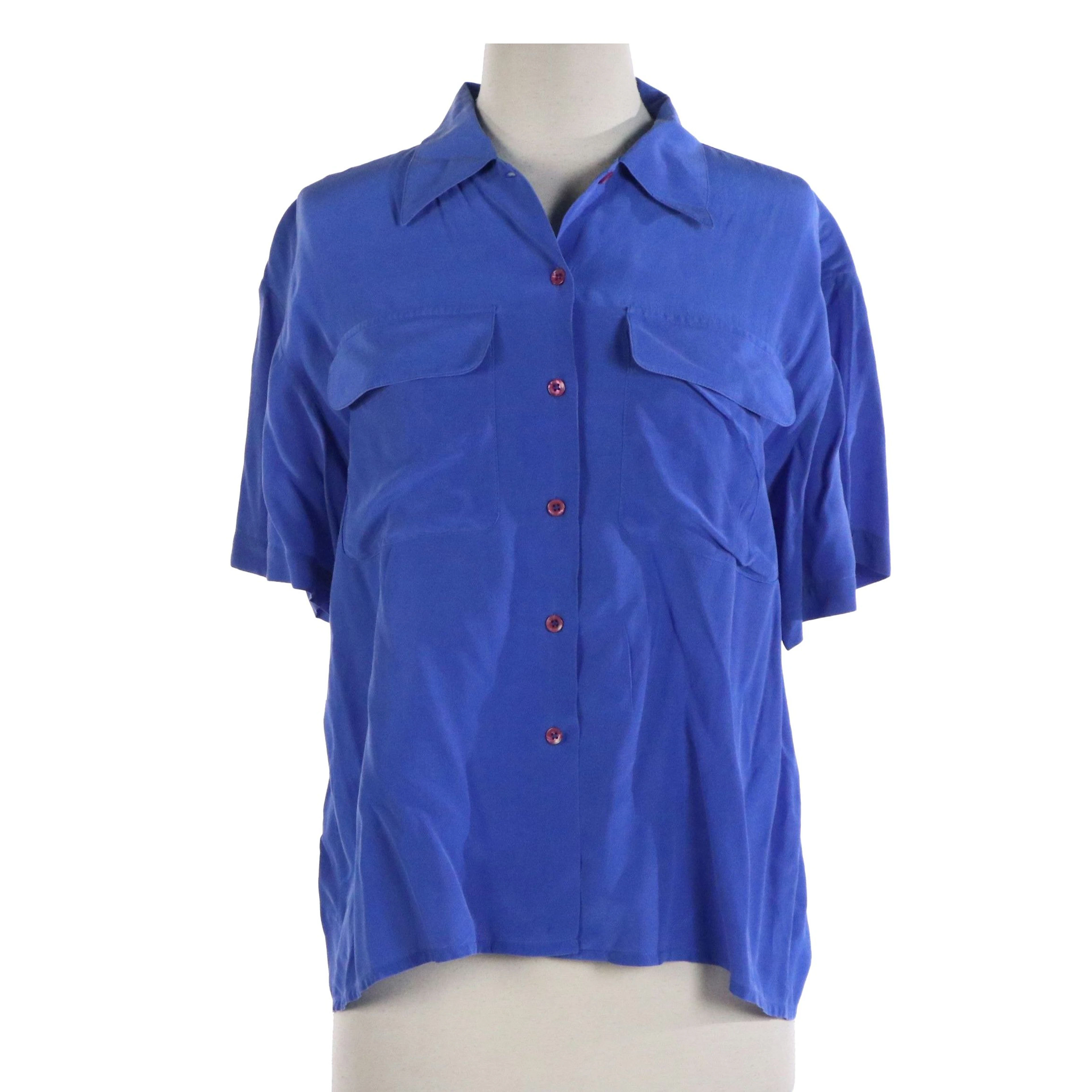 Oscar de la Renta Expressions 1980/90s Short Sleeve Cobalt Blue Silk Blouse