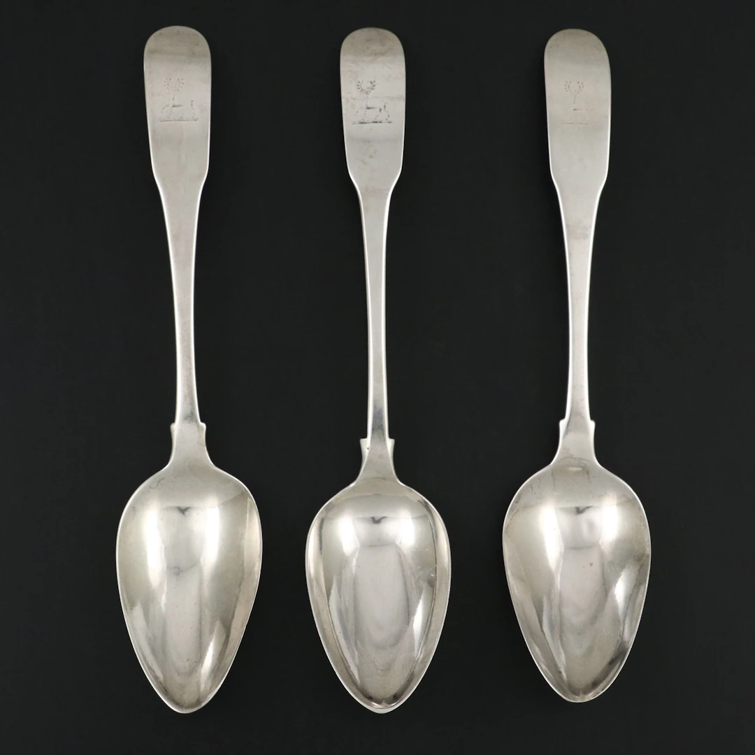Samuel Neville Irish Sterling Silver Fiddle Handled Tablespoons, 1802