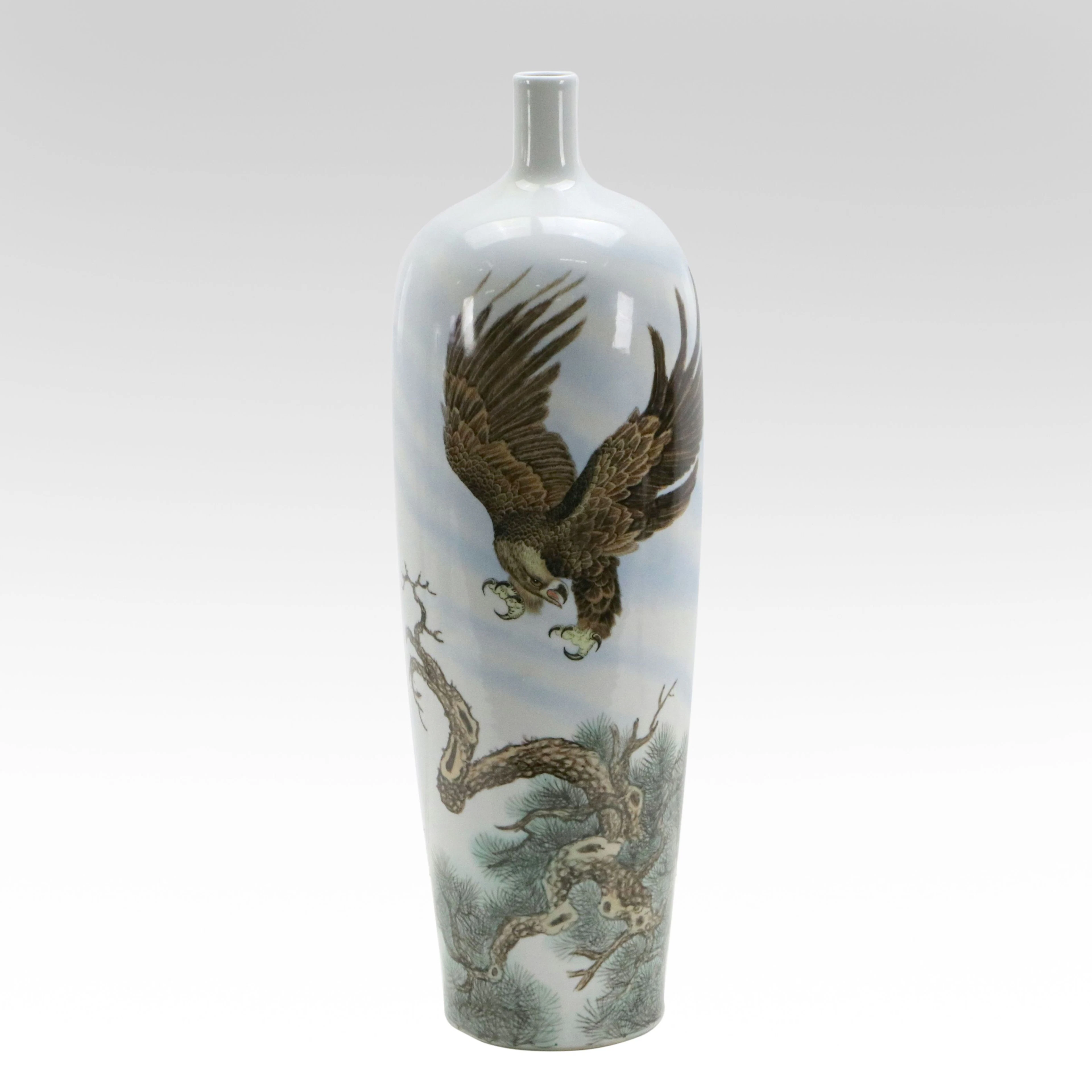 Large Chinese Hand-Painted Porcelain Eagle Bottle Vase
