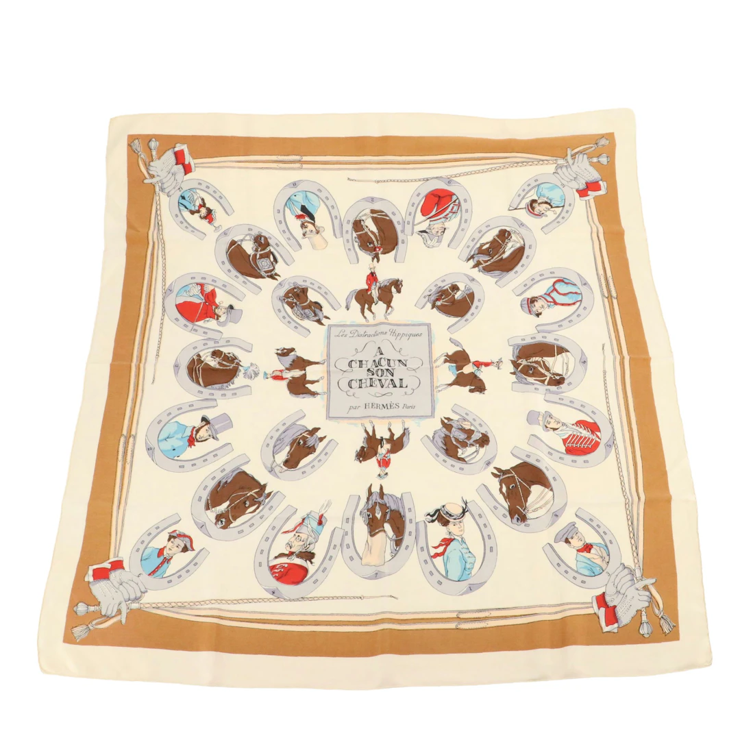 Hermès Early Issue "A Chacun Son Cheval" Scarf 90 in Silk Twill with Box