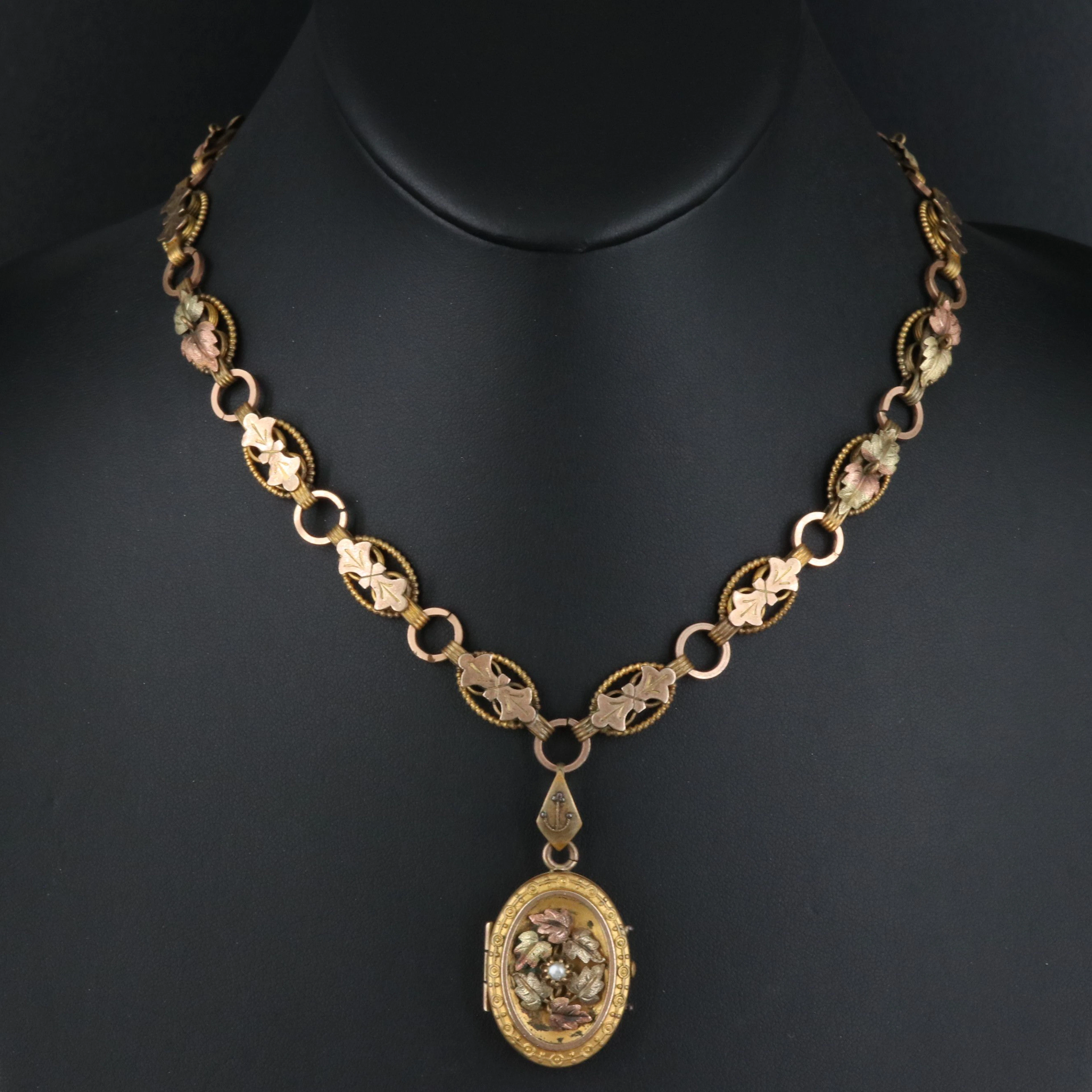 Victorian Locket and Bookchain Necklace with Pearl Accent