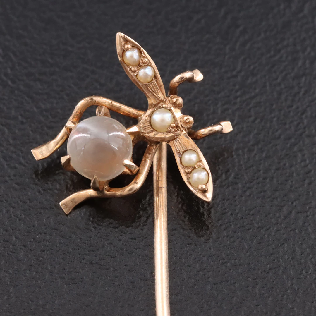 Victorian 14K Moonstone and Seed Pearl Fly Stickpin