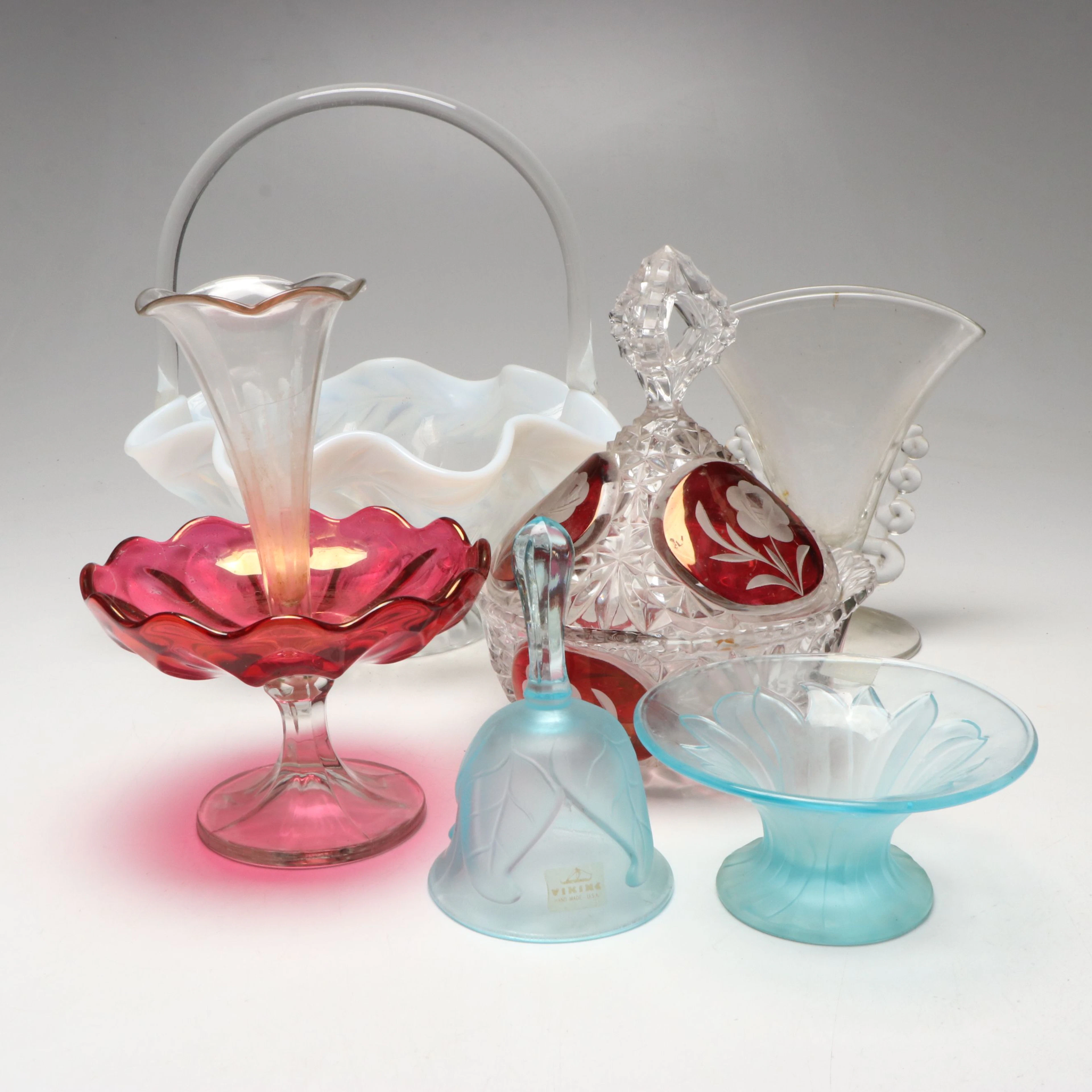 Viking Blue Satin Bell and Bowl with Hofbauer Candy Dish and More Glassware