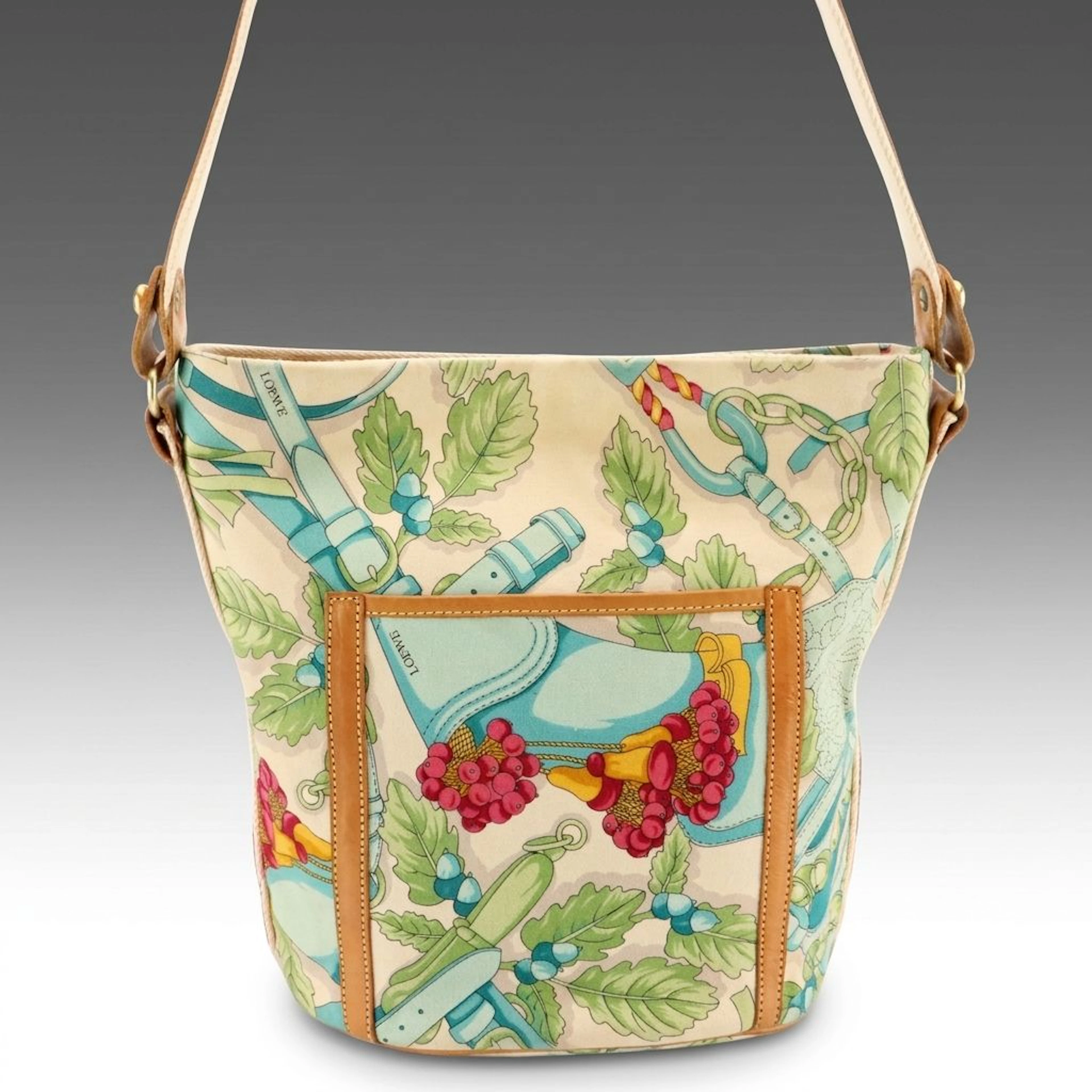 Vintage Loewe Fruit Botanical Printed Canvas & Tan Leather Trim Bucket Tote Bag