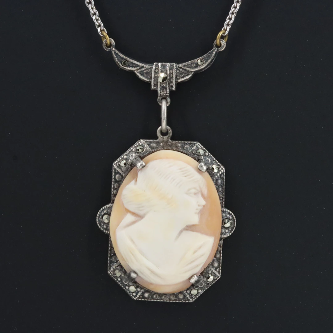 Sterling Shell Cameo and Marcasite Lavalier Necklace