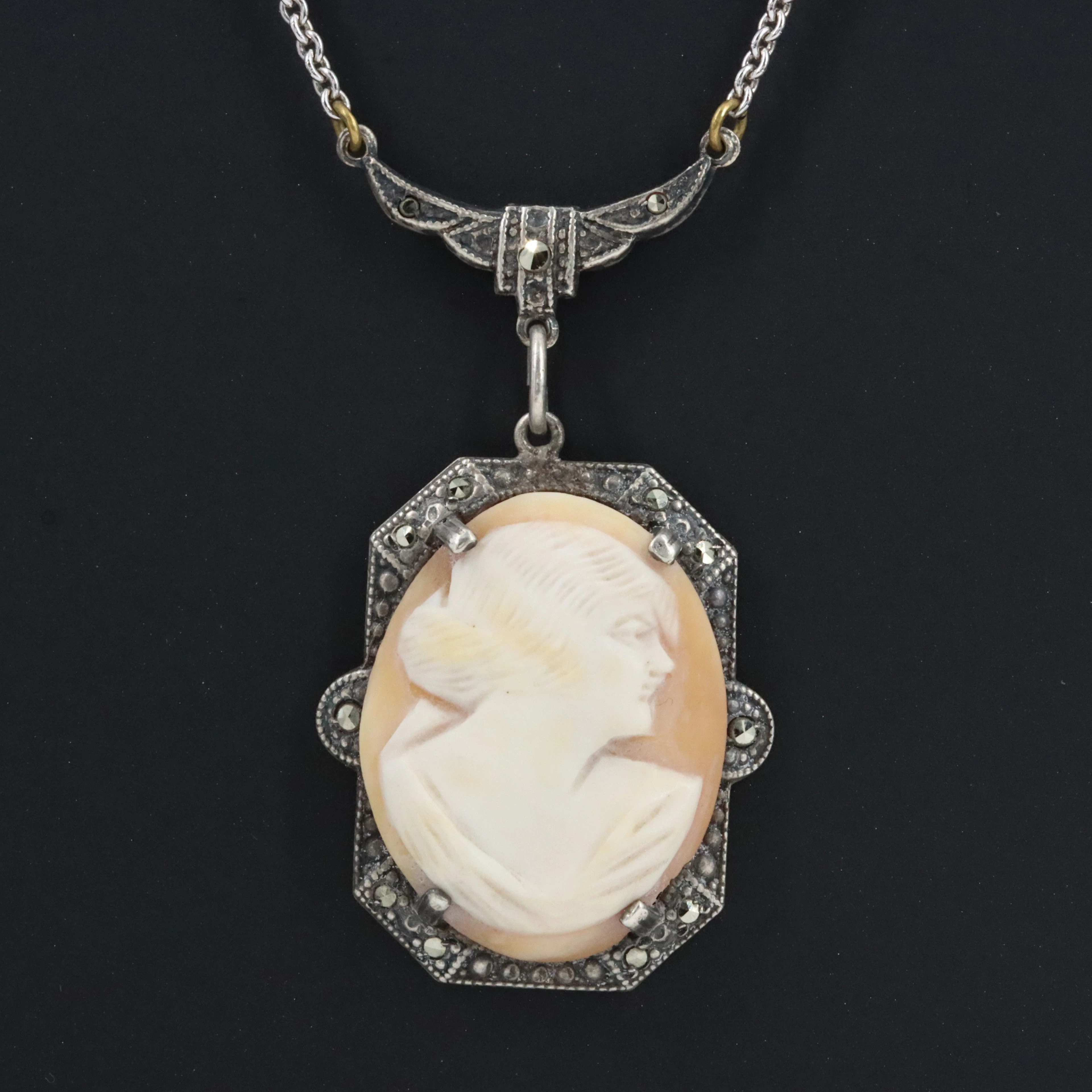 Sterling Shell Cameo and Marcasite Lavalier Necklace