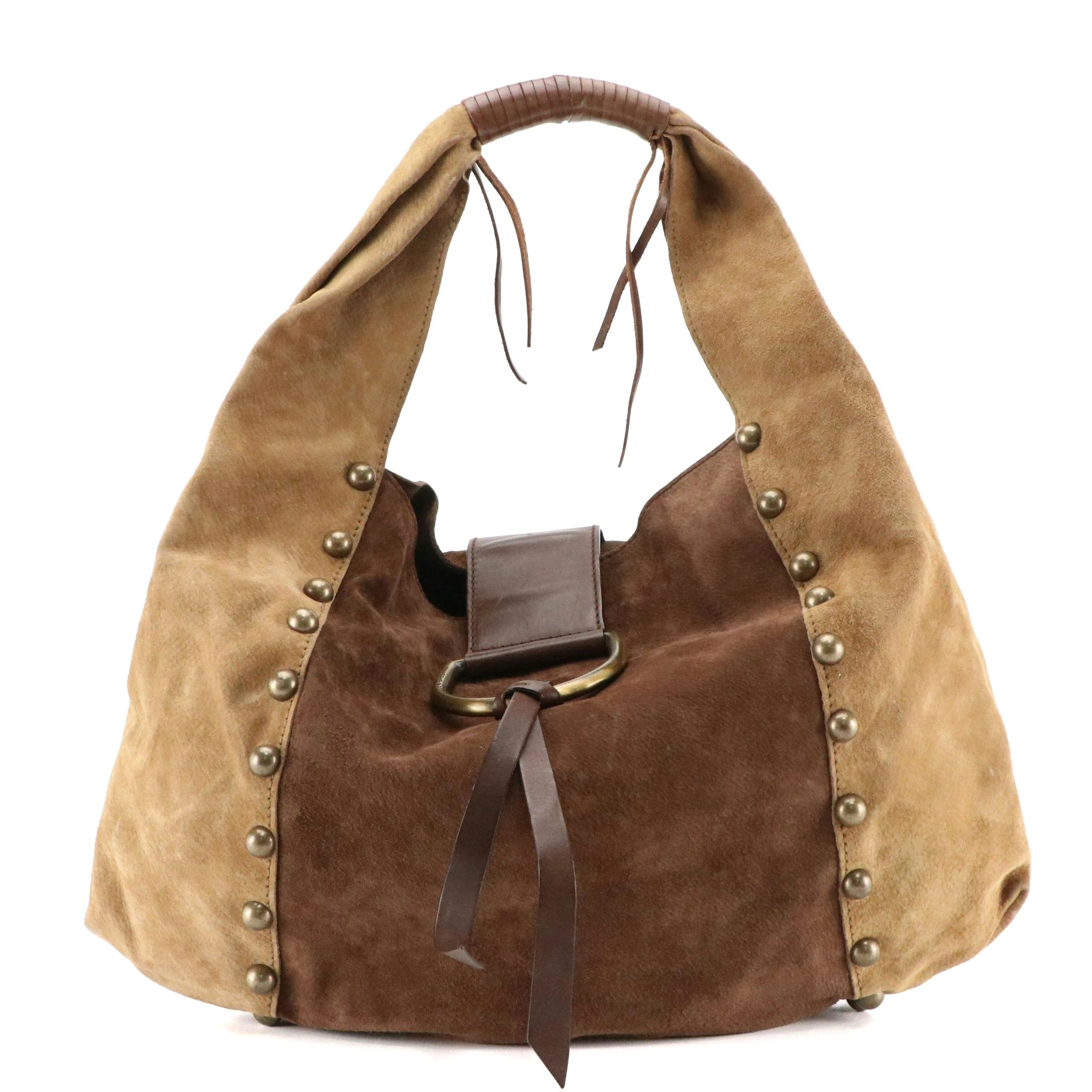 Dolce & Gabbana D-Ring Hobo Shoulder Bag in Brown/Tan Suede and Leather Trim