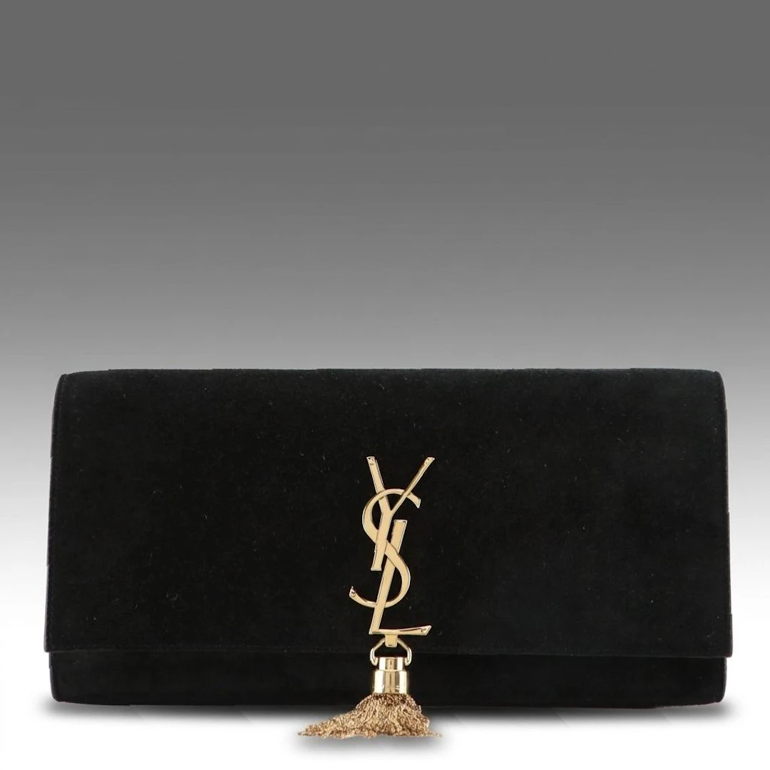 Saint Laurent Cassandre Tassel Clutch in Black Suede