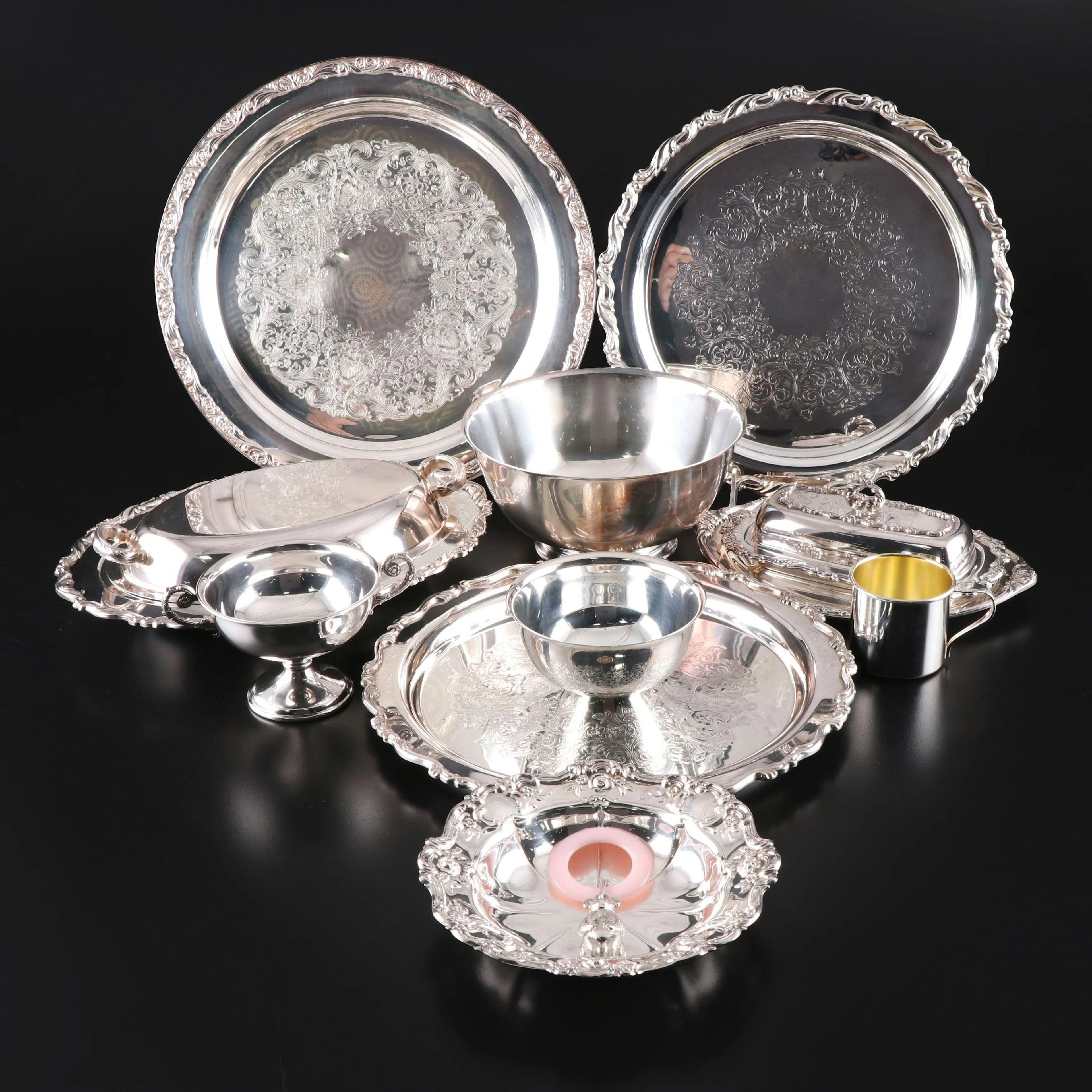 Wm. Rogers Floral Etched Silver Plate Platters with Oneida and Other Tableware
