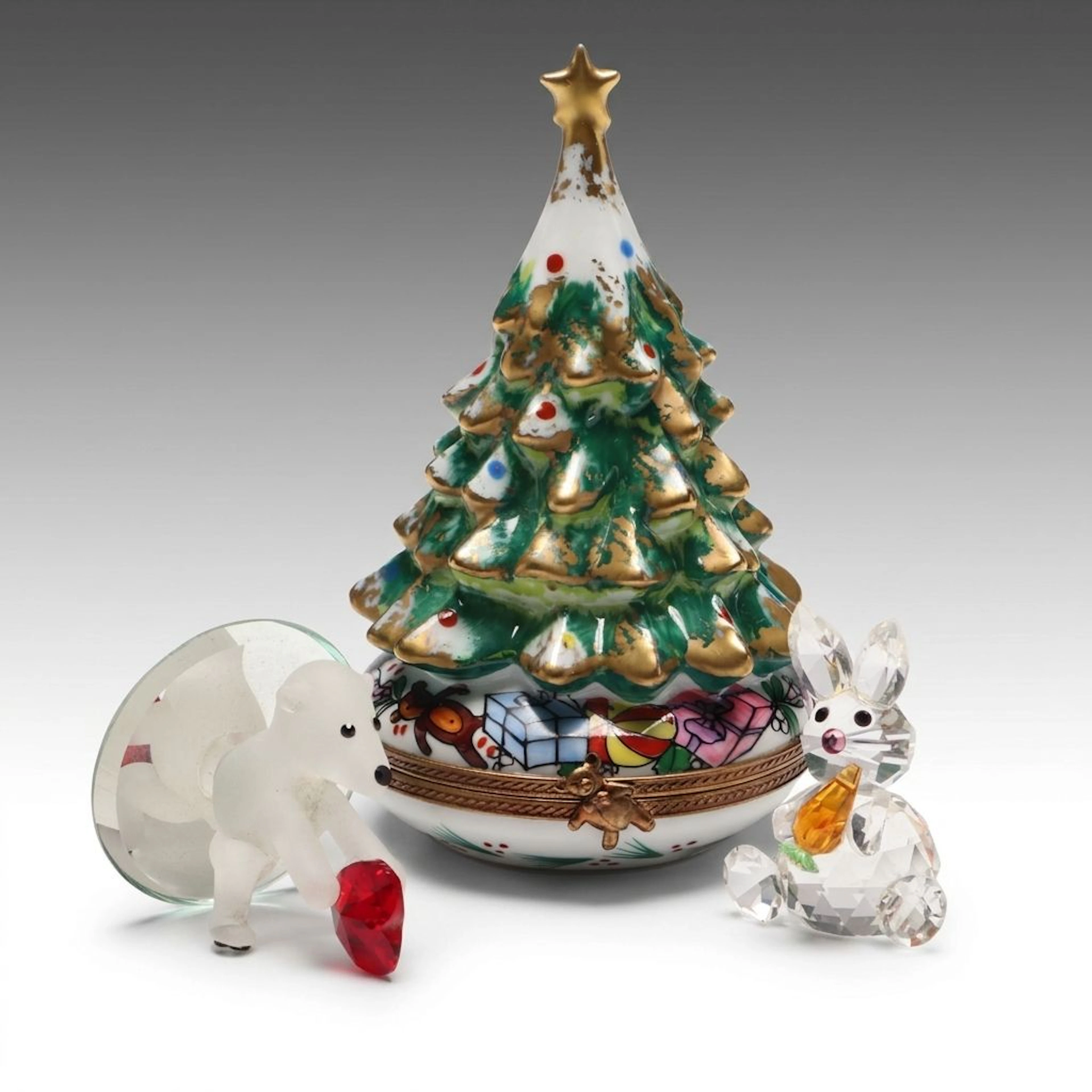Limoges Christmas Tree Box with Crystal Bear and Rabbit Figurines