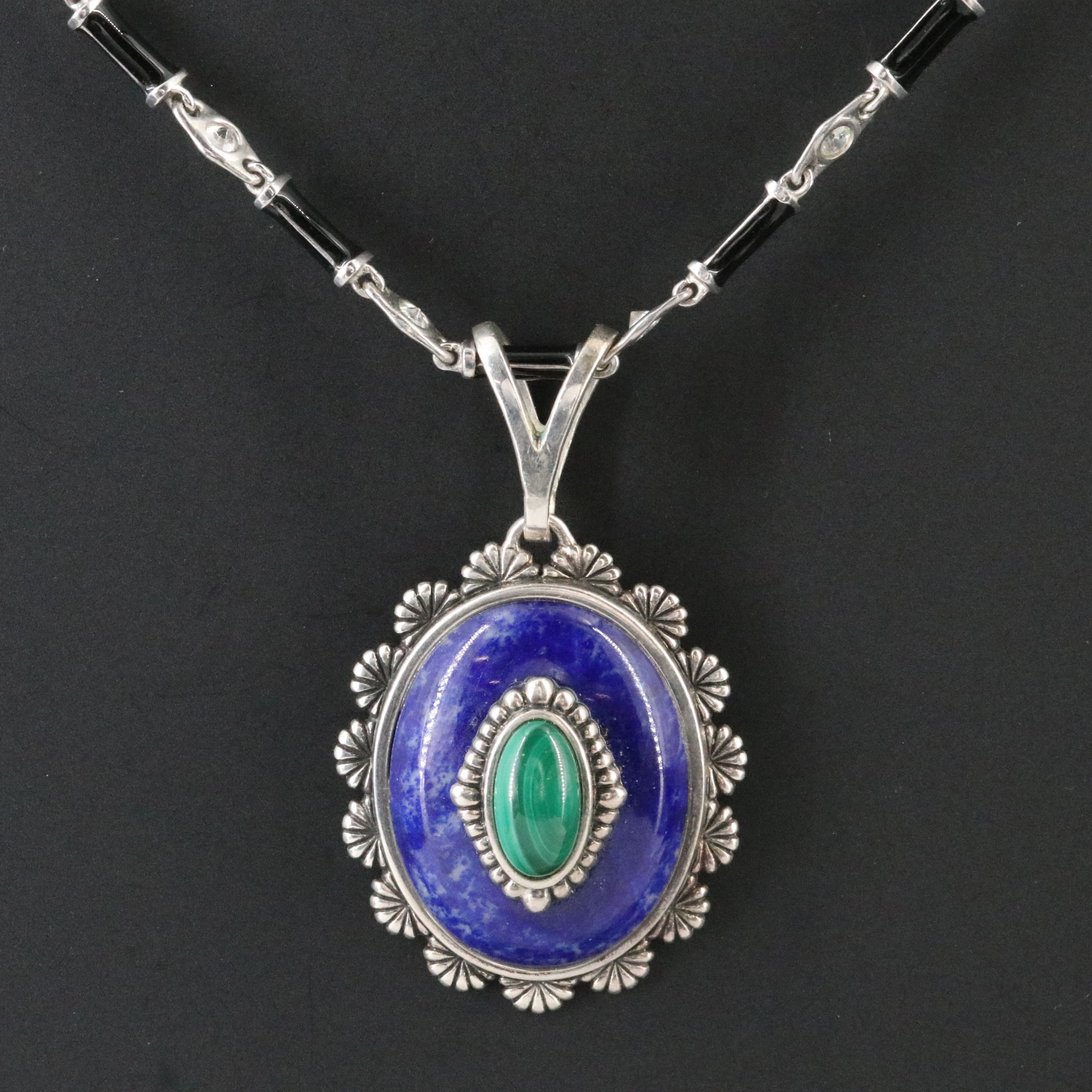 Sterling Sodalite and Malachite Pendant Necklace