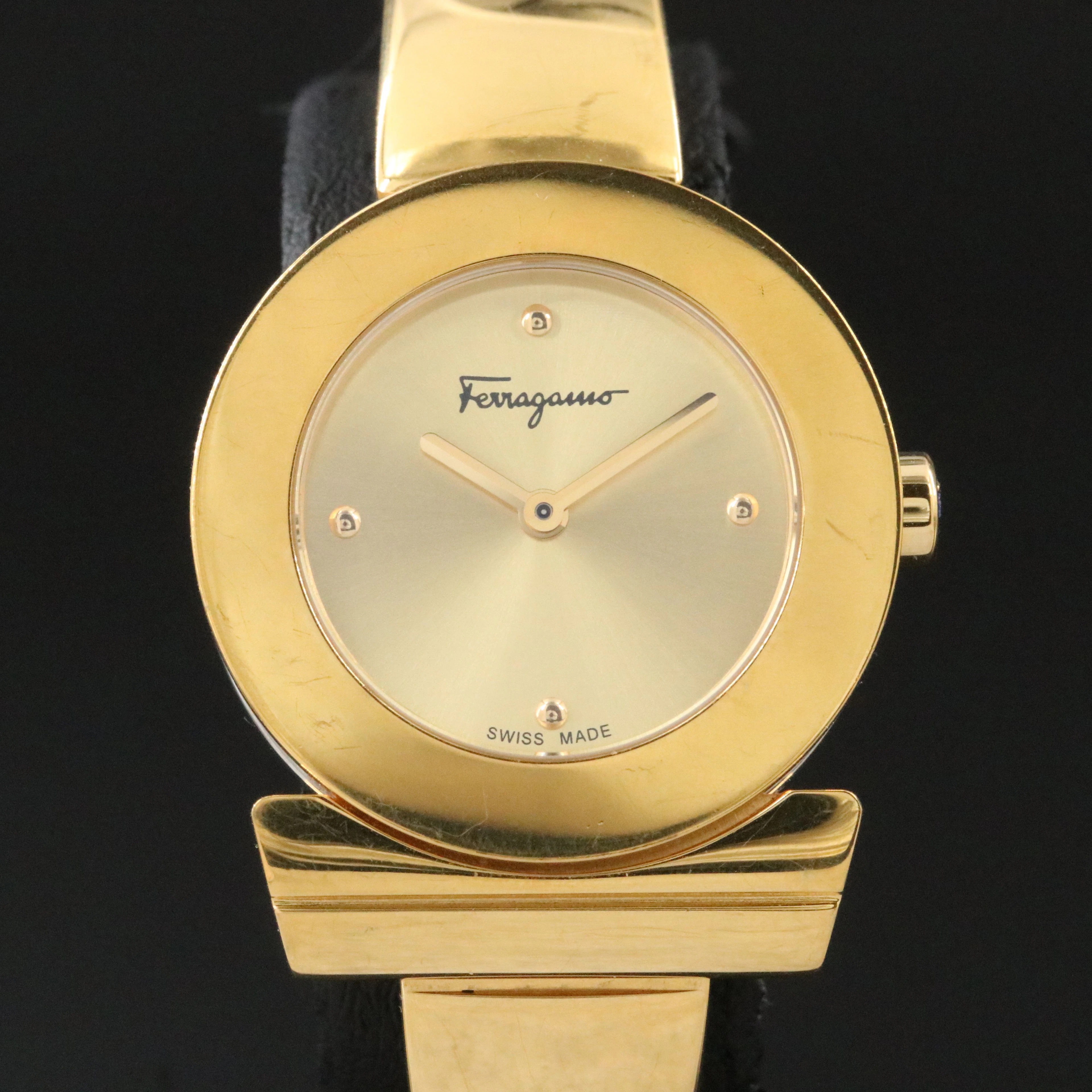Salvatore Ferragamo Gancino Gold Tone Bangle Bracelet Swiss Quartz Watch