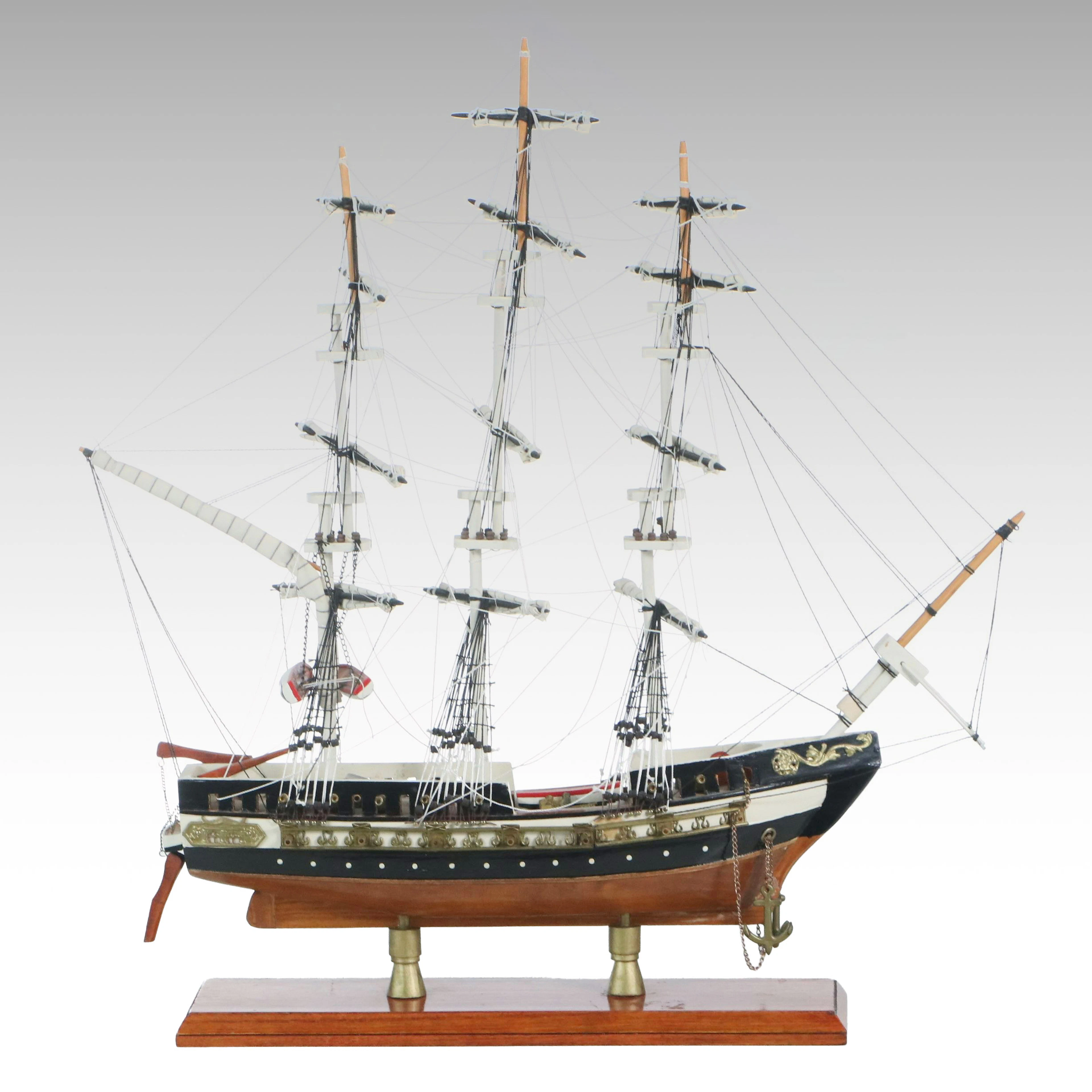 Wooden Model Frigate Ship Mounted on Stand, Mid to Late 20th Century