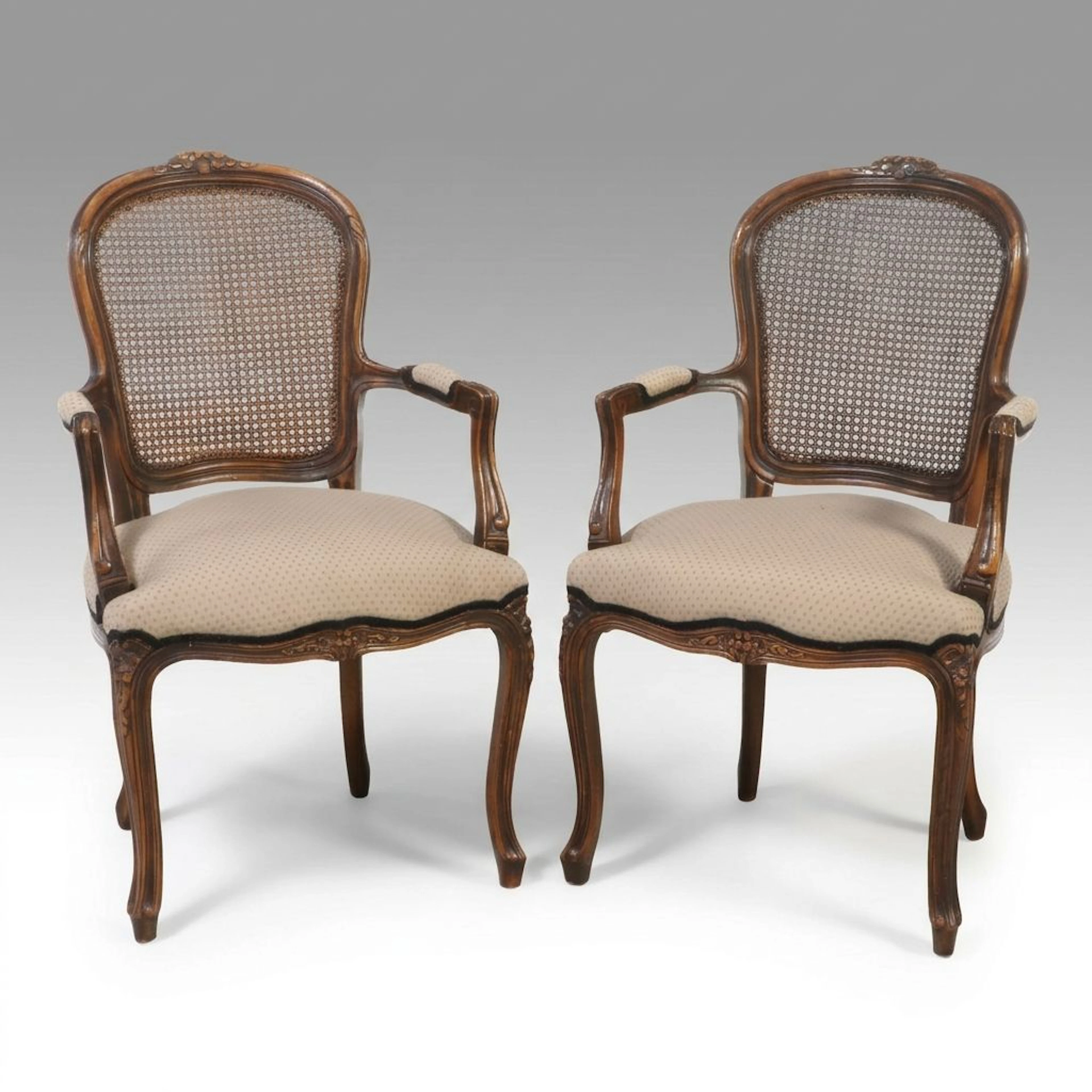 Two Wernermeier Enterprises Louis XV Style Upholstered Wood and Cane Fauteuils