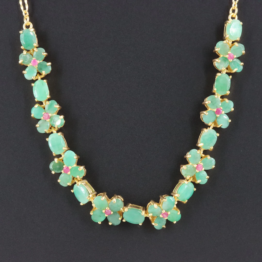 Sterling Emerald and Ruby Flower Necklace