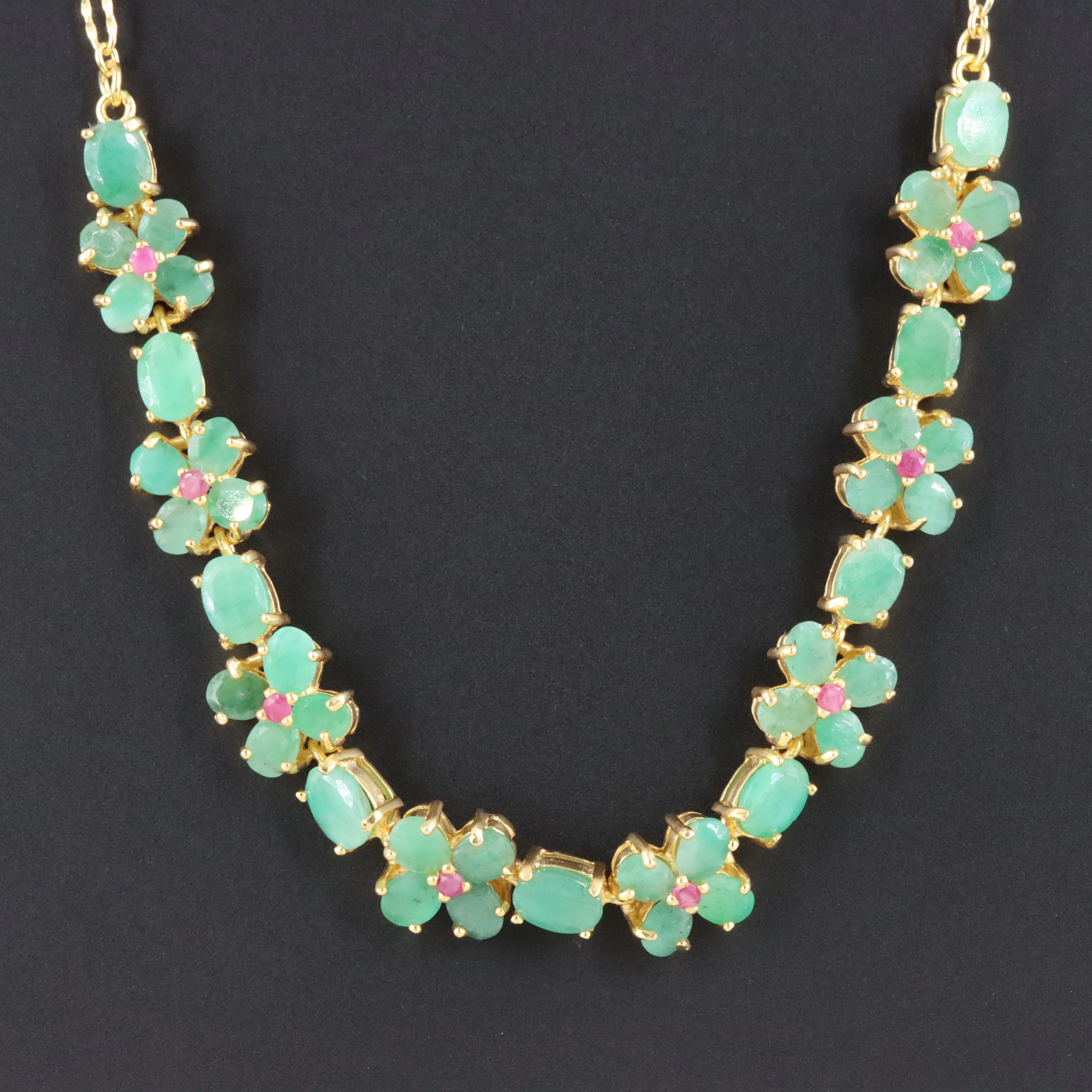 Sterling Emerald and Ruby Flower Necklace