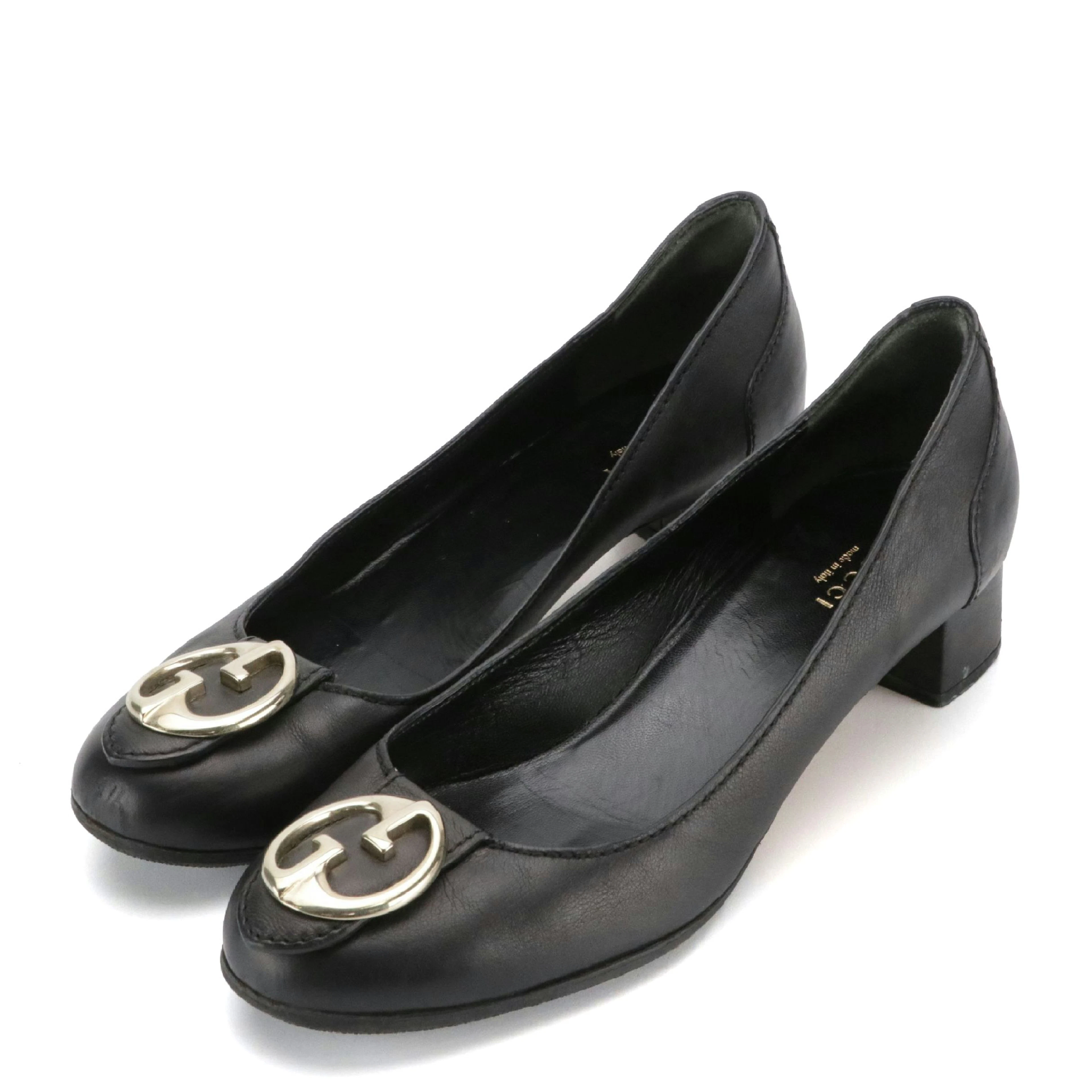 Gucci GG Round Toe Low-Heeled Shoes in Black Calfskin Leather