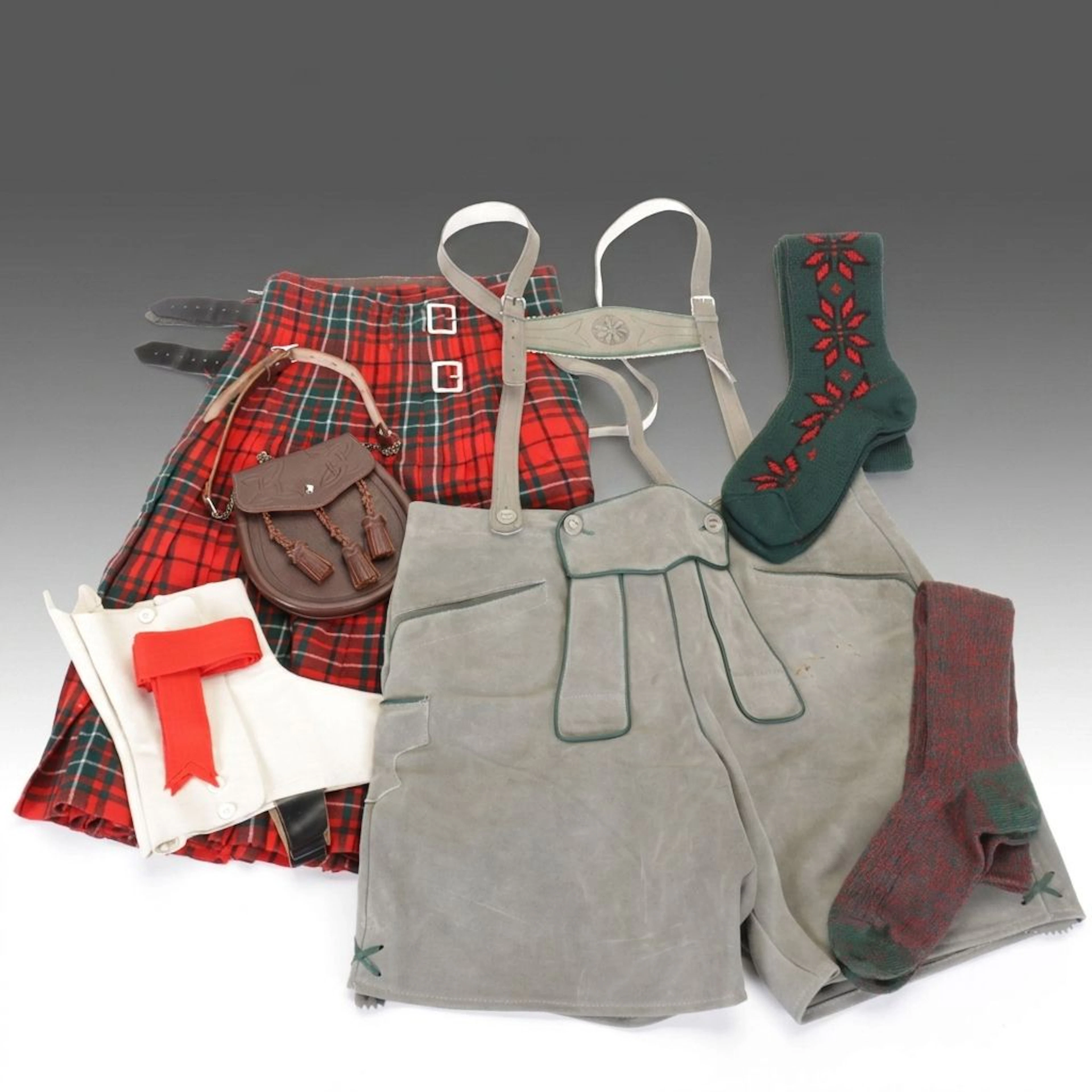 Jenners Scottish Tartan Wool Kilt, Celtic Knot Sporran, Suede Lederhosen & More