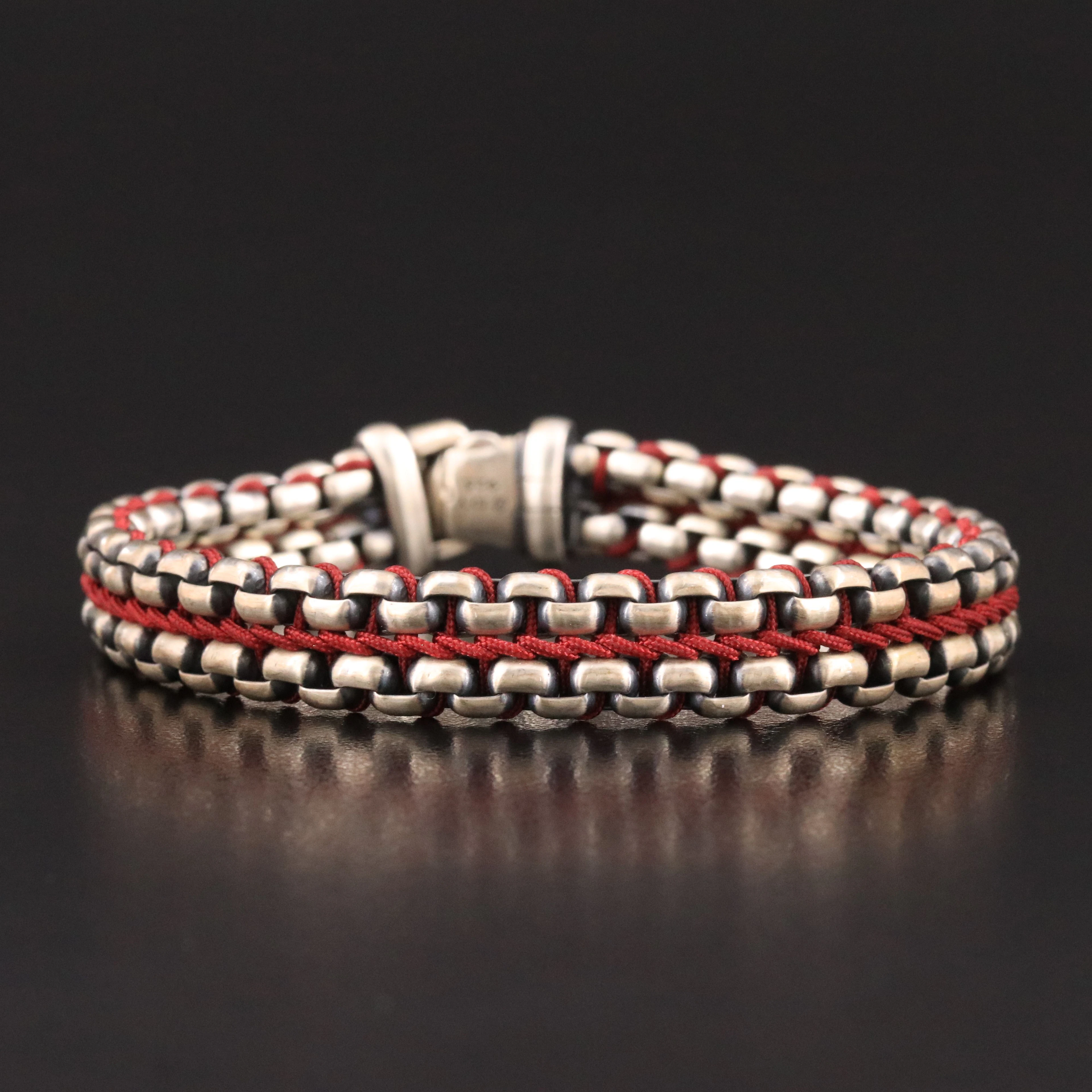 David Yurman Men's Sterling and Red Nylon Woven Box Chain Bracelet