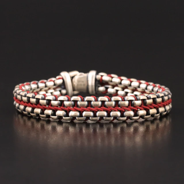 David Yurman Men's Sterling and Red Nylon Woven Box Chain Bracelet