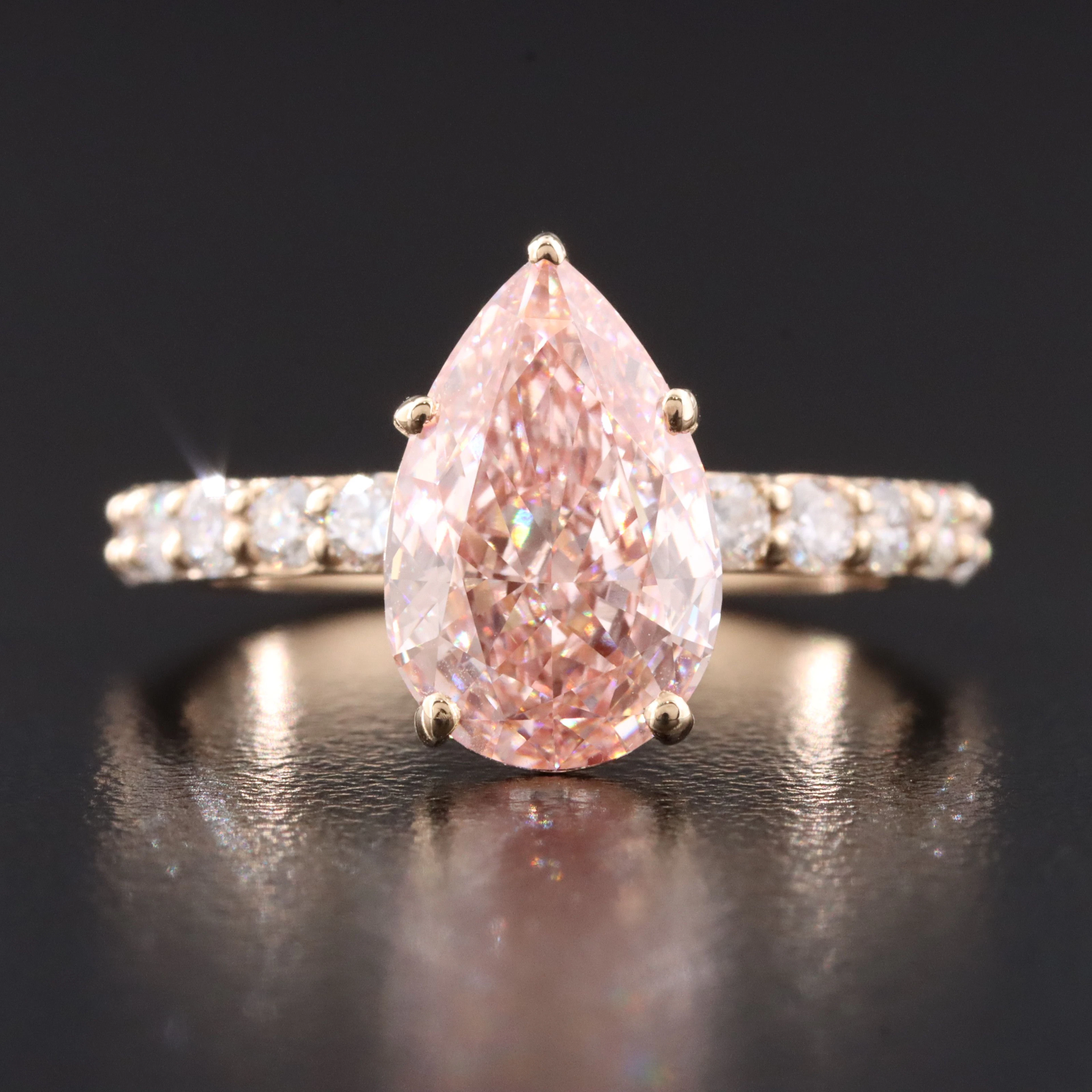 14K 3.59 CTW Lab Grown Diamond Ring with Fancy Intense Pink Center & IGI Report