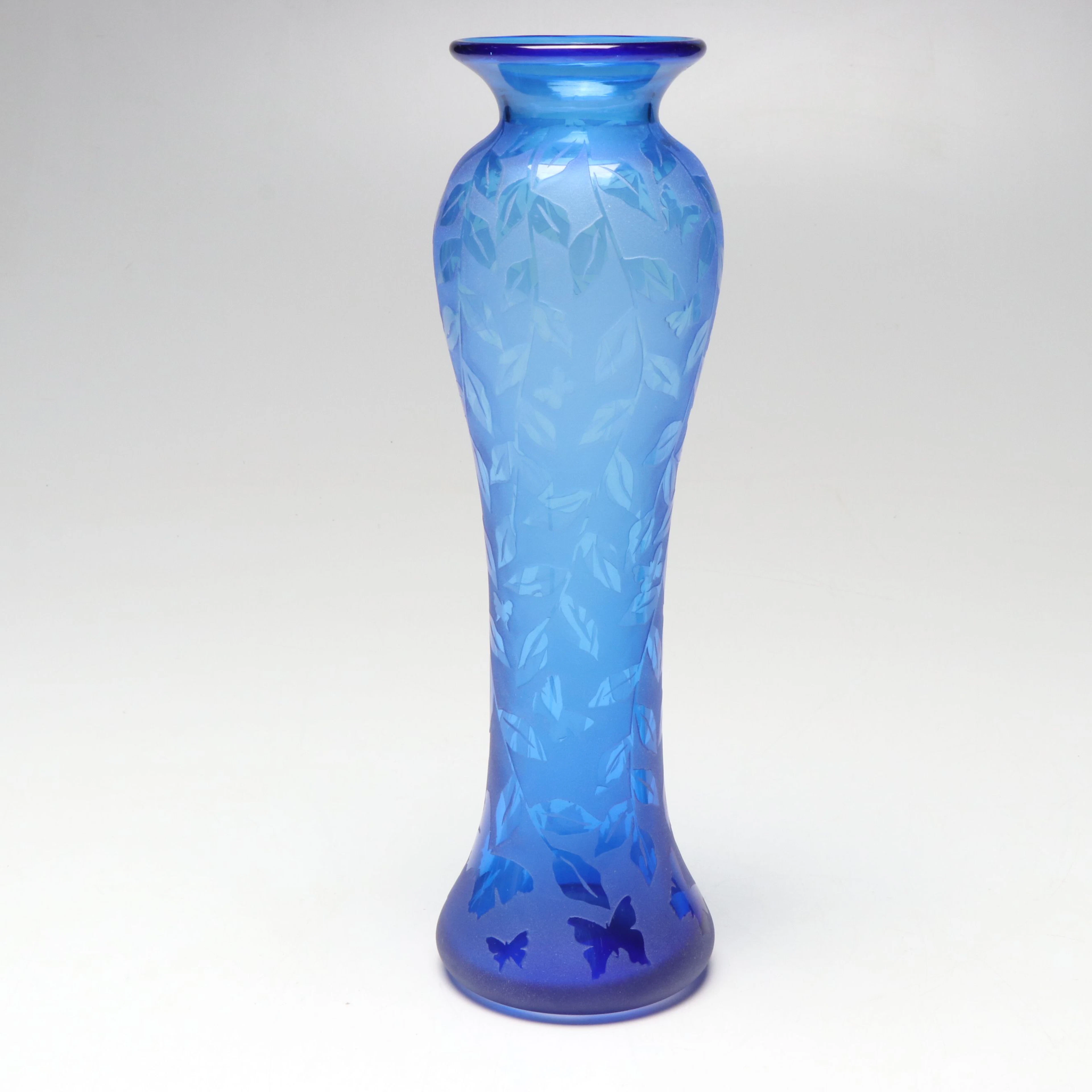 Mindy Miller for Blenko Cobalt Blue Etched Glass Vase