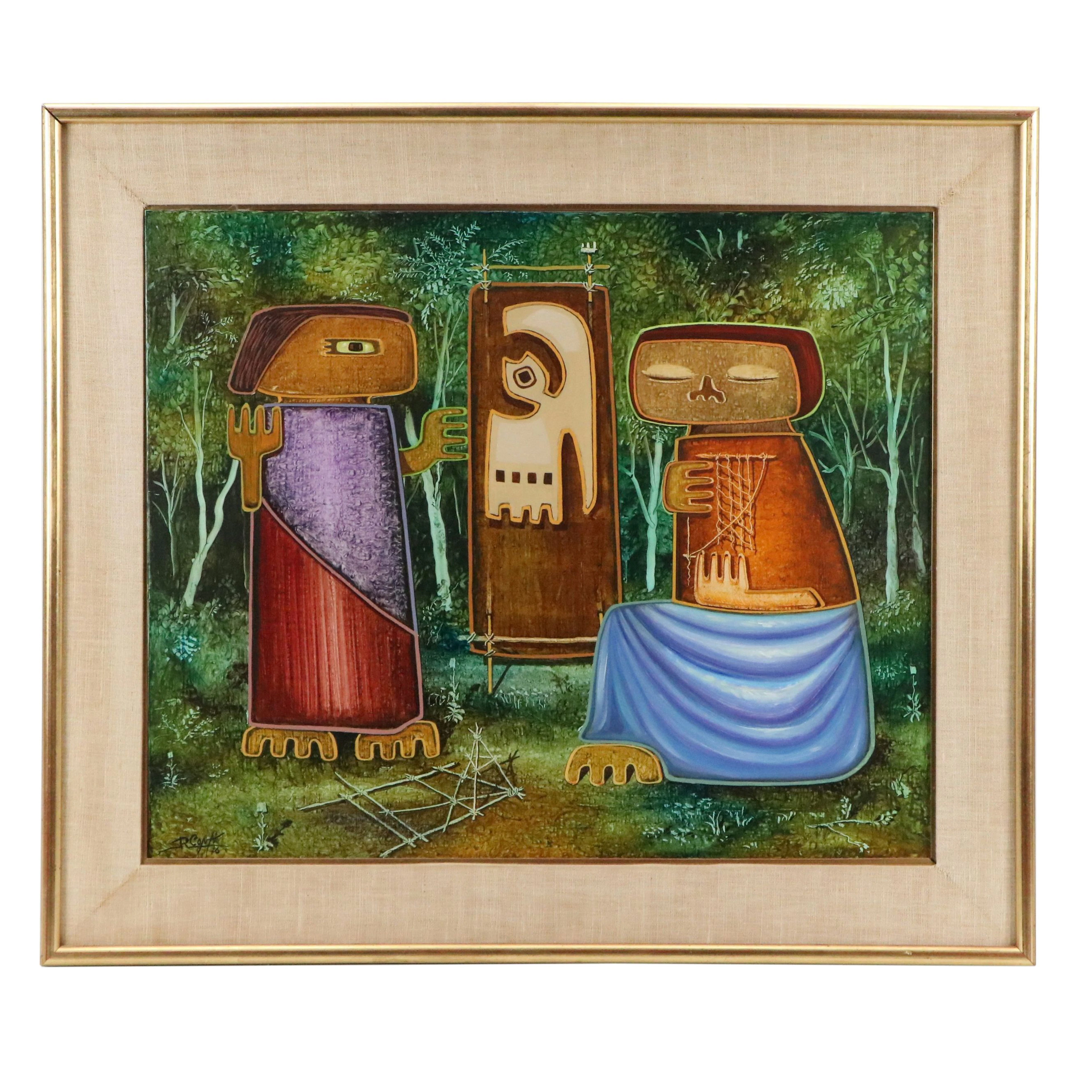 Raul Conti Surrealist Figural Oil Painting "Cazador Andino," 1970