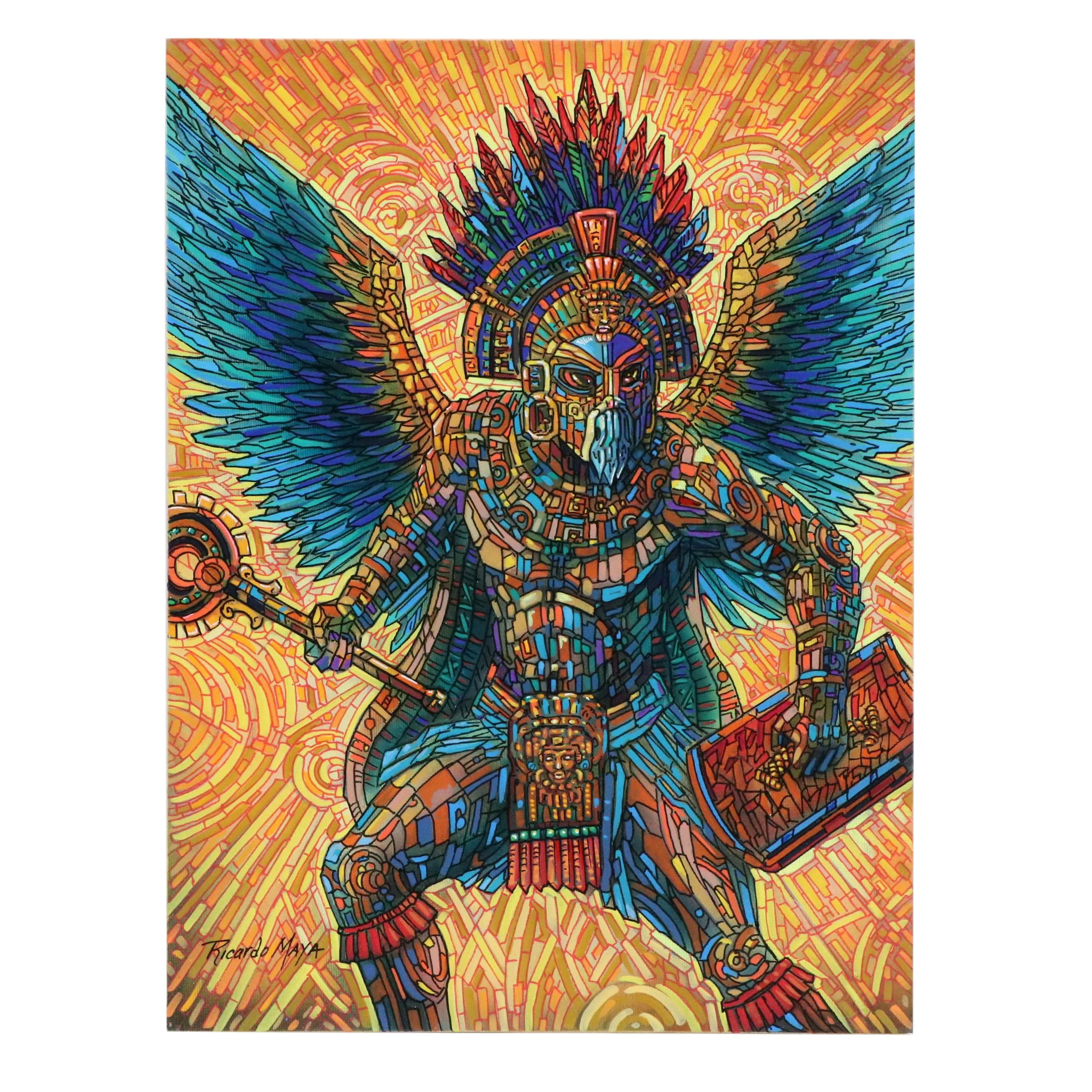 Ricardo Maya Acrylic Painting of Aztec Deity