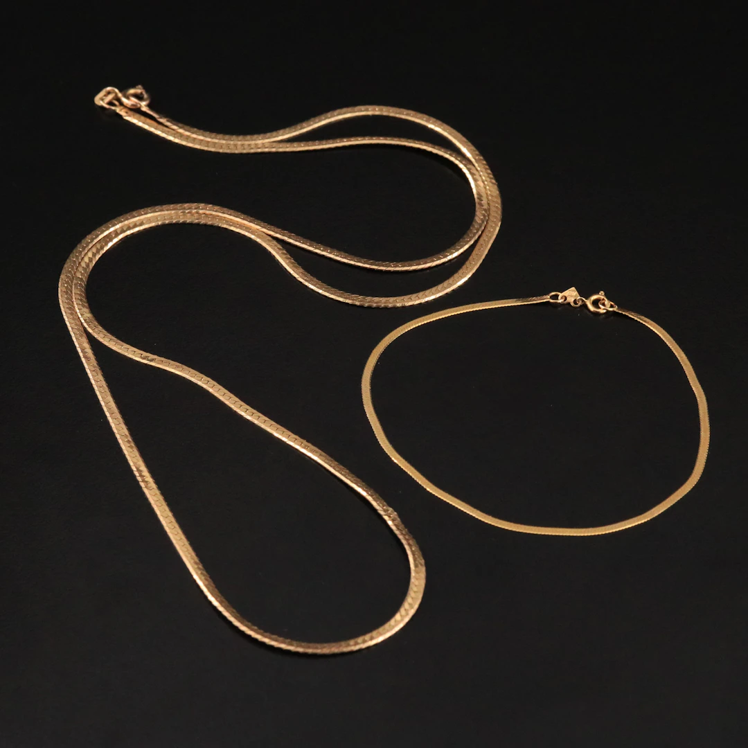 14K Herringbone Chain Necklace and Bracelet