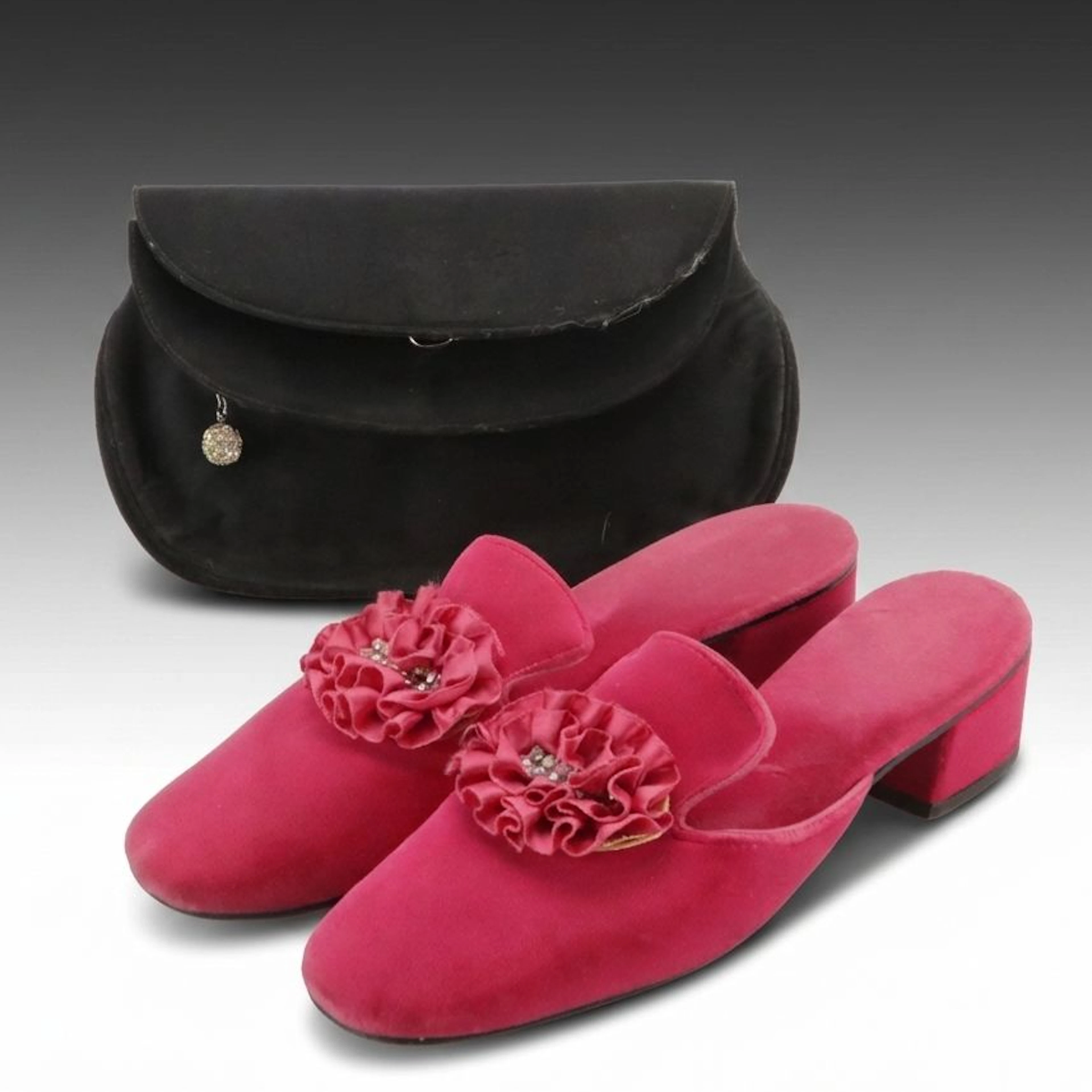 Nite Aires Crystal Embellished Ruffled Pink Velvet Mules and Black