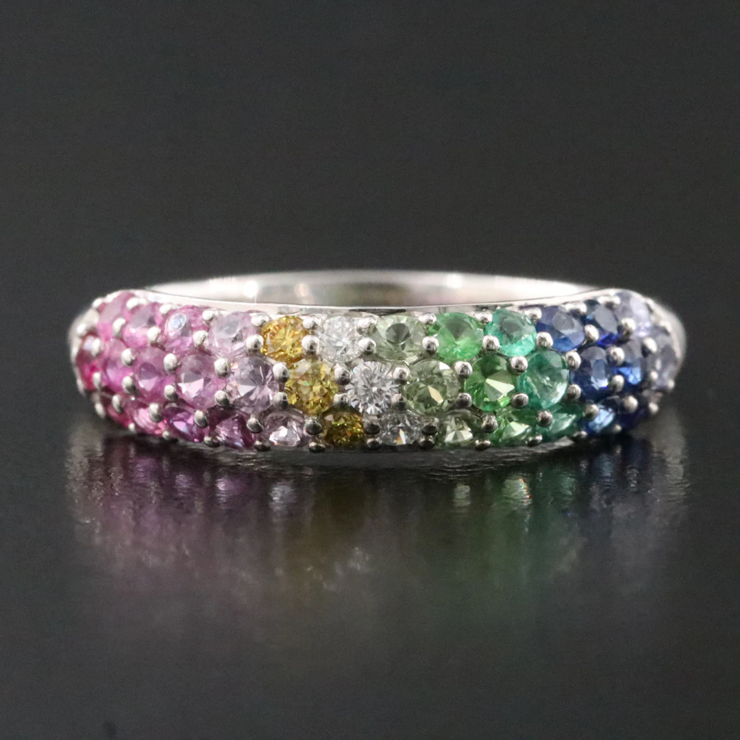 Platinum Gemstone and Diamond Tapered Band Including Sapphire and Ruby