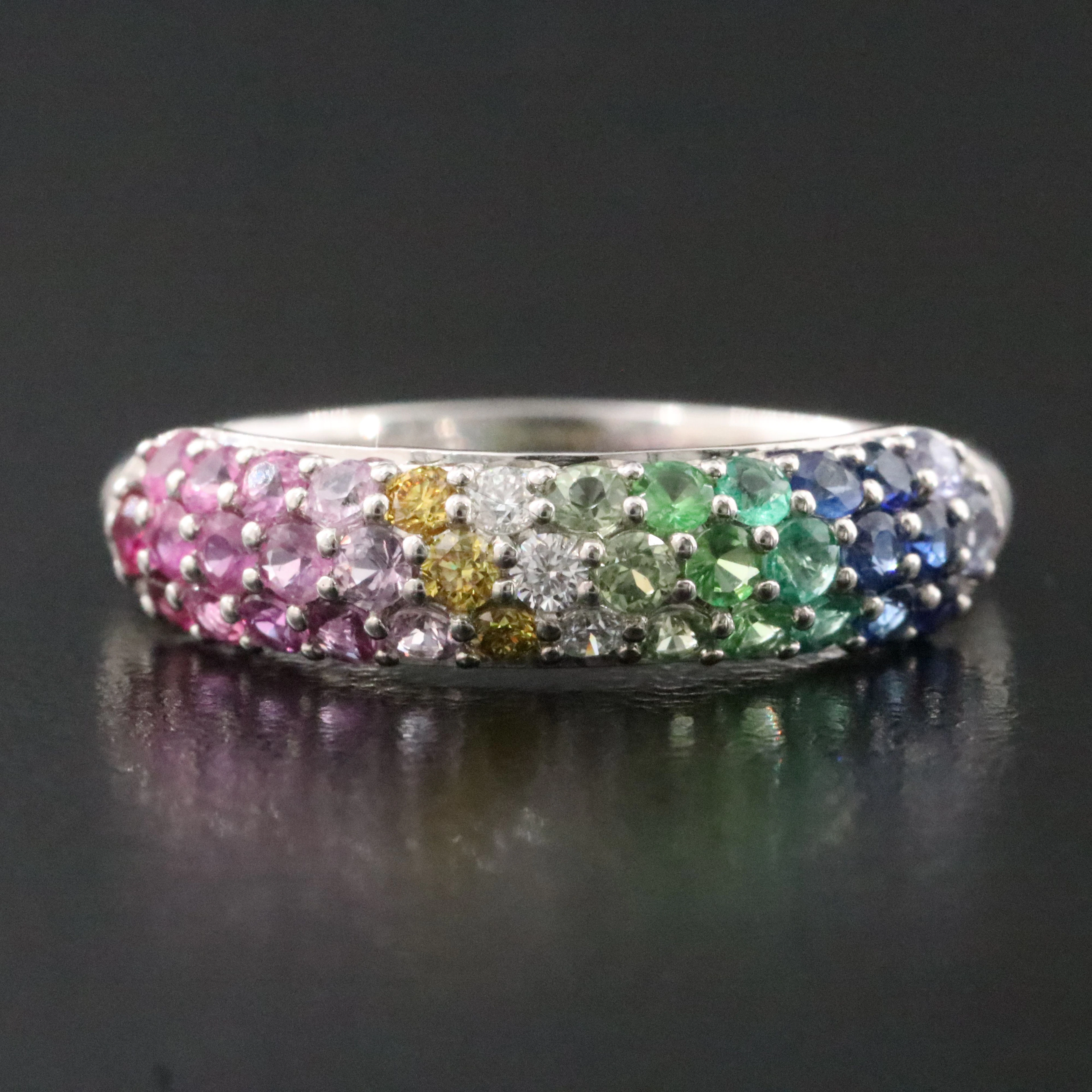 Platinum Gemstone and Diamond Tapered Band Including Sapphire and Ruby