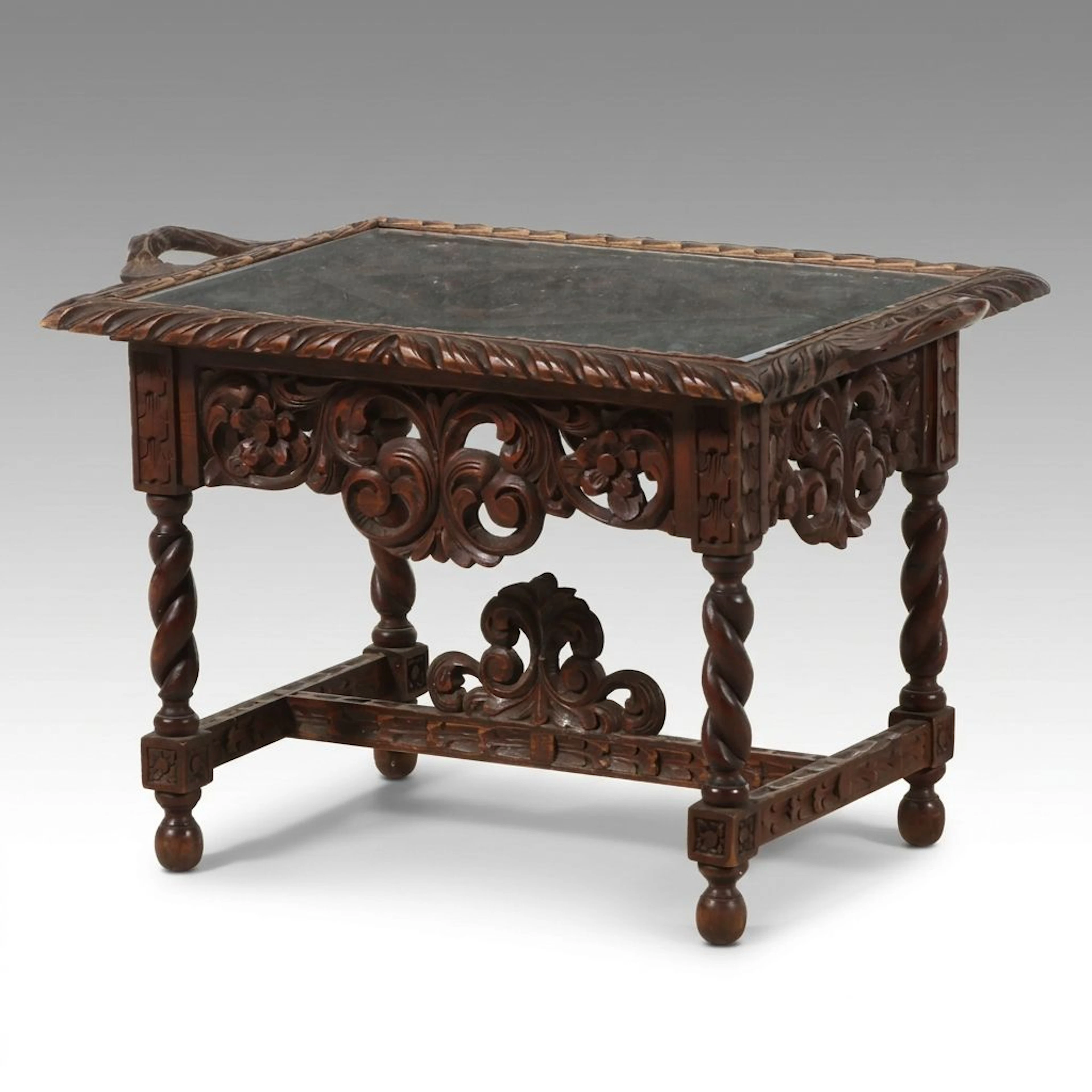 Baroque Style Carved Hardwood Side Table with Beveled Glass Tray Top