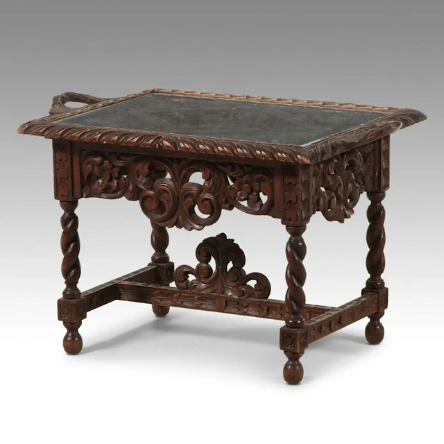 Baroque Style Carved Hardwood Side Table with Beveled Glass Tray Top
