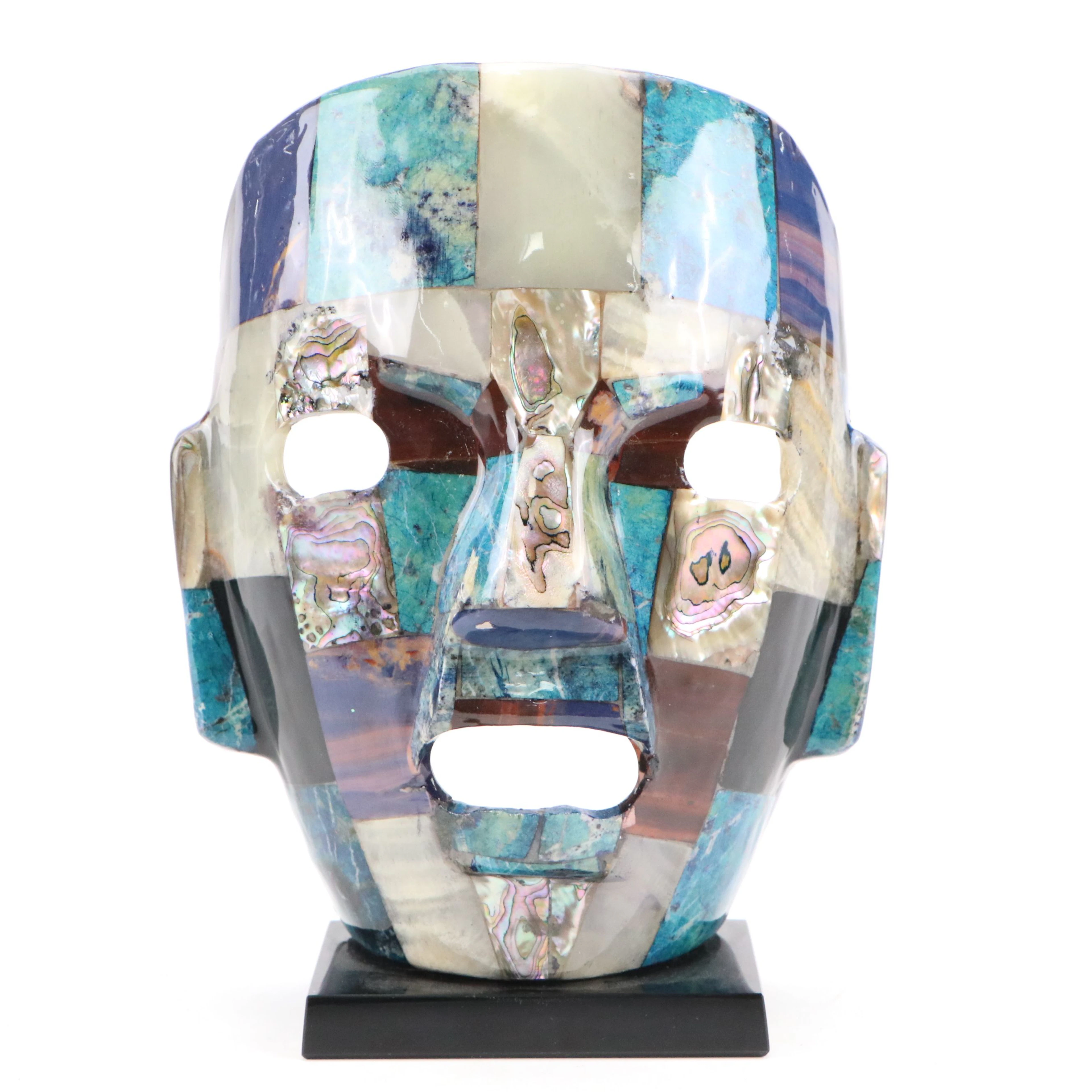 Aztec Style Colored Stone and Abalone Death Mask on Base