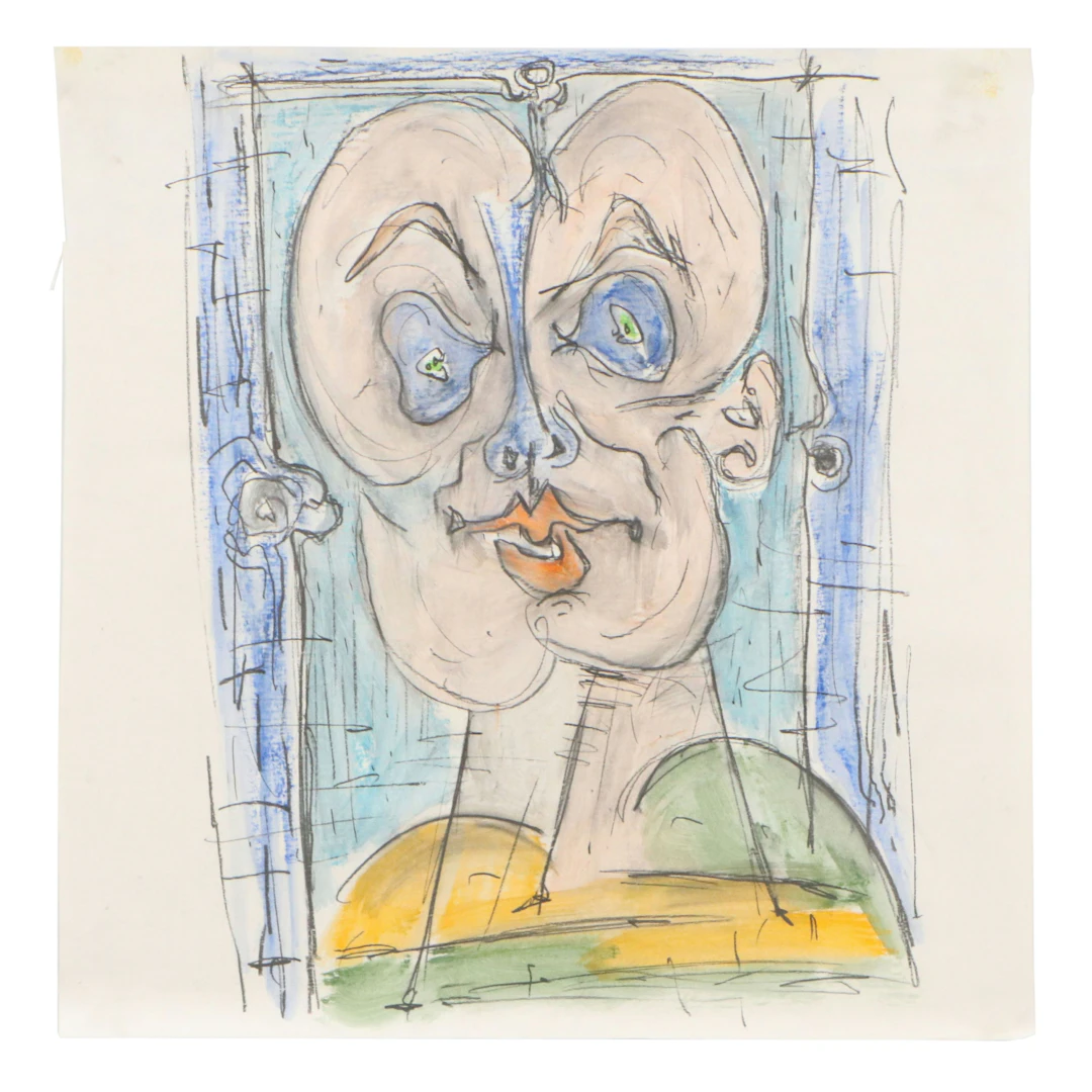 Achi Sullo Modernist Mixed Media Portrait Drawing, Mid to Late 20th Century