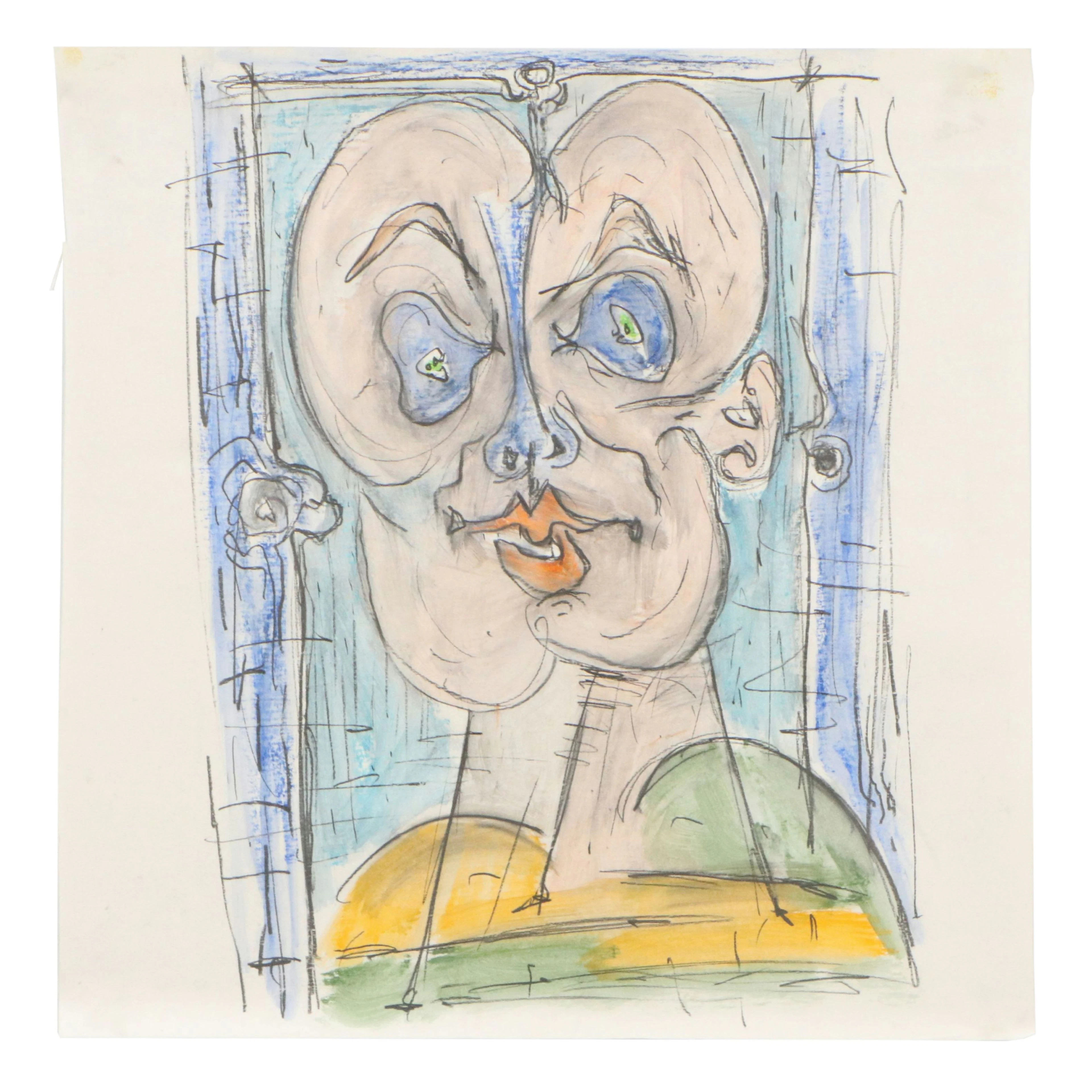 Achi Sullo Modernist Mixed Media Portrait Drawing, Mid to Late 20th Century