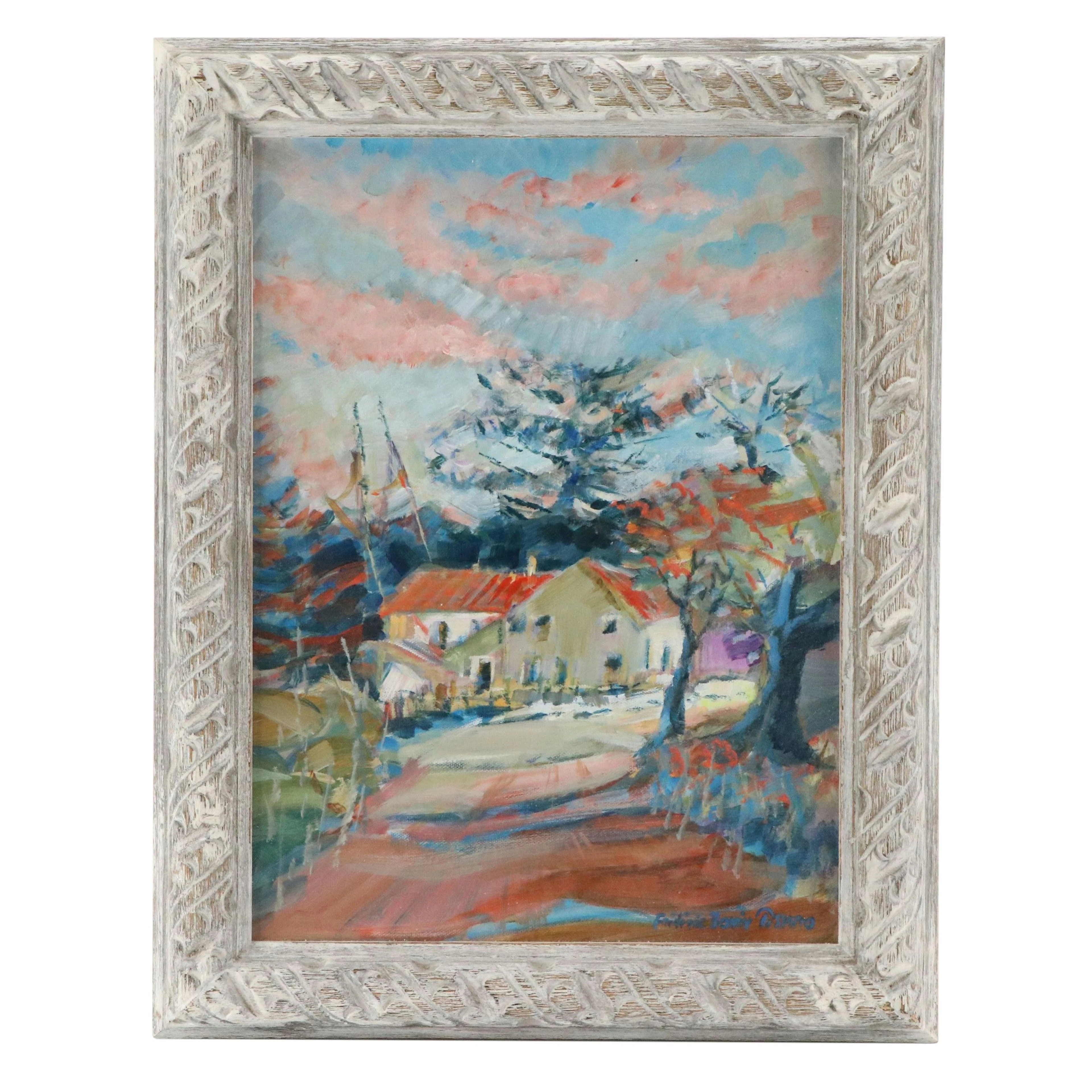 Frédéric Bonin-Pissarro Oil Painting of House with Red Roof, Late 20th Century