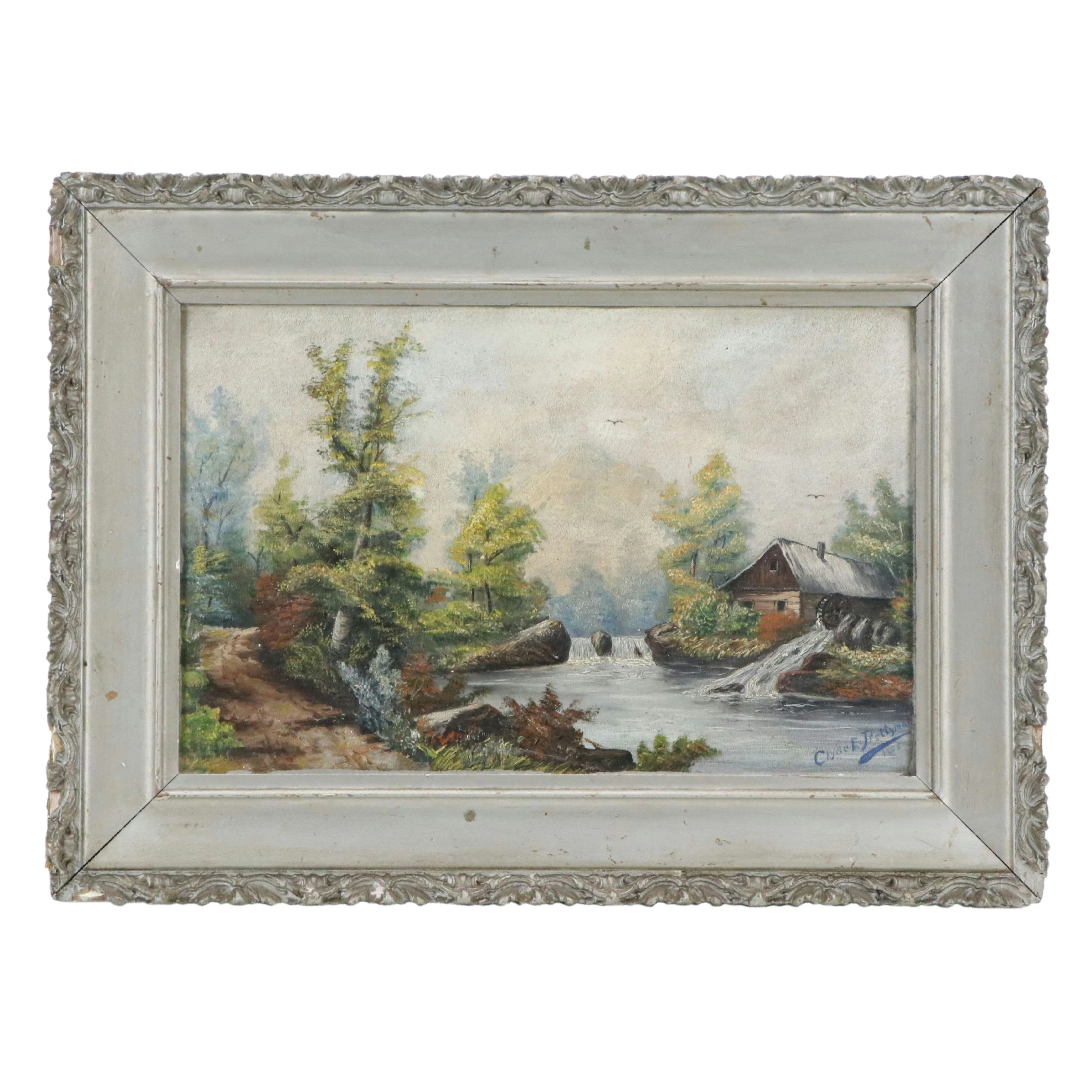 Clyde E. Prettyman Landscape Oil Painting of Riverside Cabin, 1908