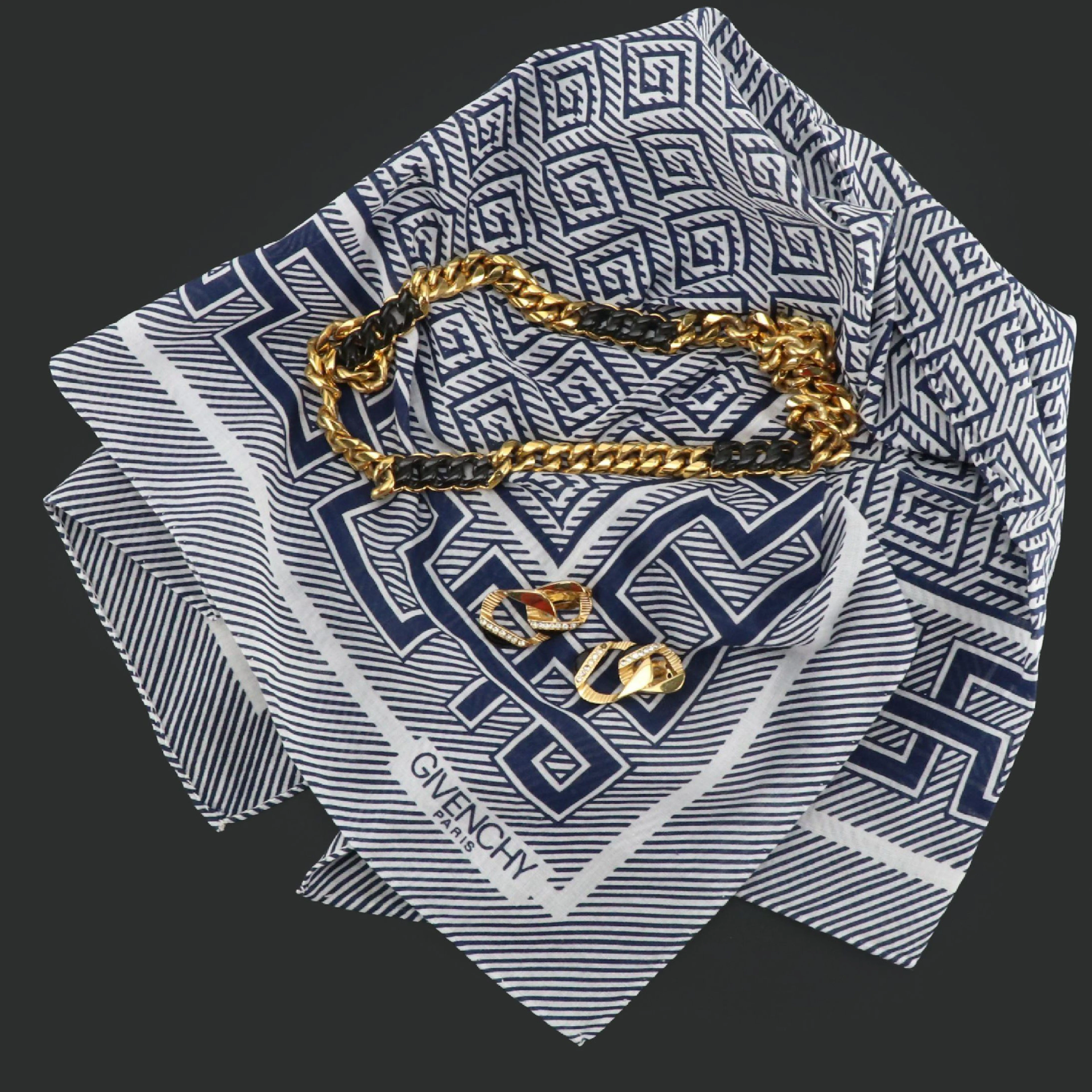 Givenchy Gold Tone Chain Necklace and Clip Earrings with G Logo Cotton Scarf