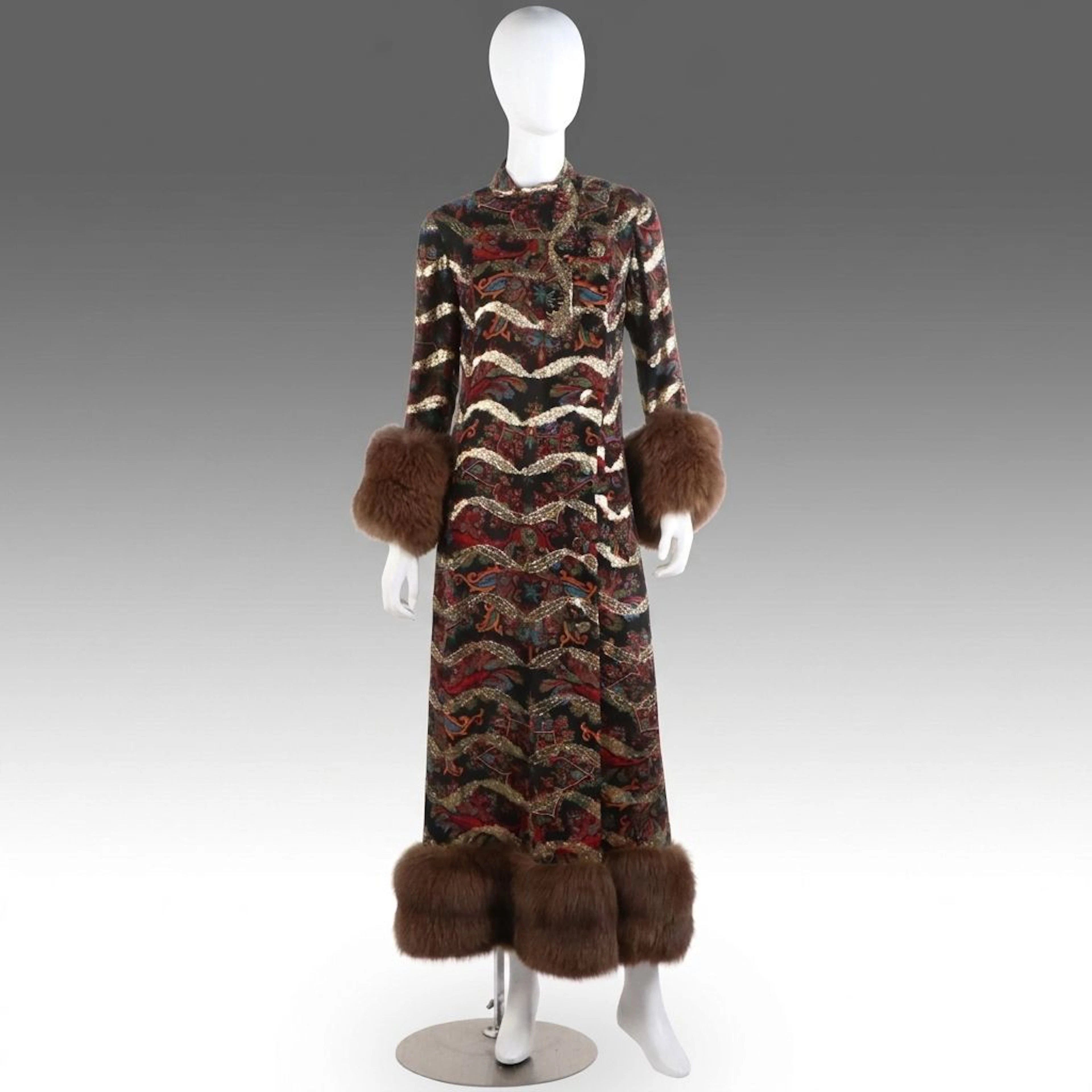 Pauline Trigère 1970s Gold Lamé Paisley Maxi Evening Gown with Fox Fur Trim