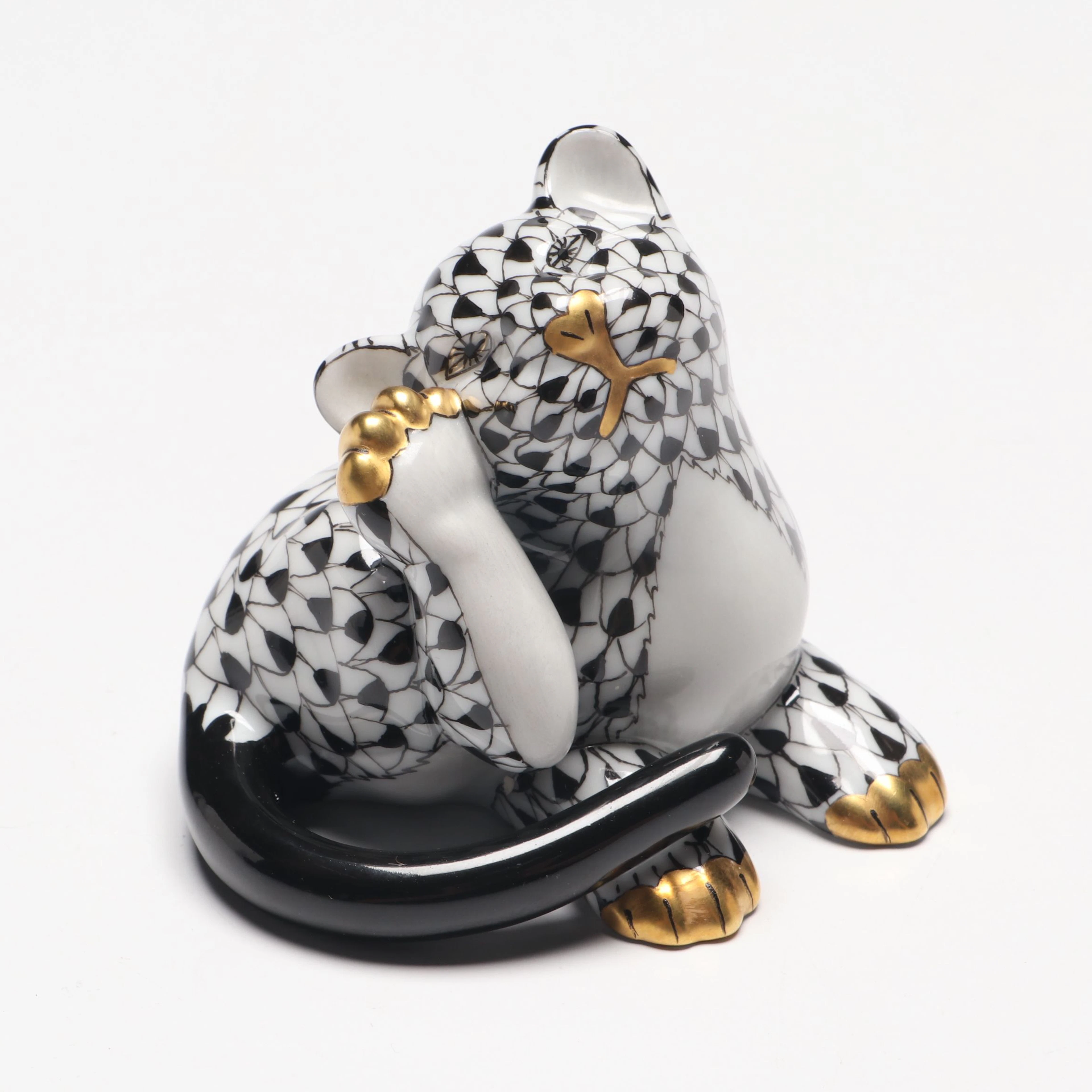 Herend Black Fishnet with Gold “Lion Club” Porcelain Figurine