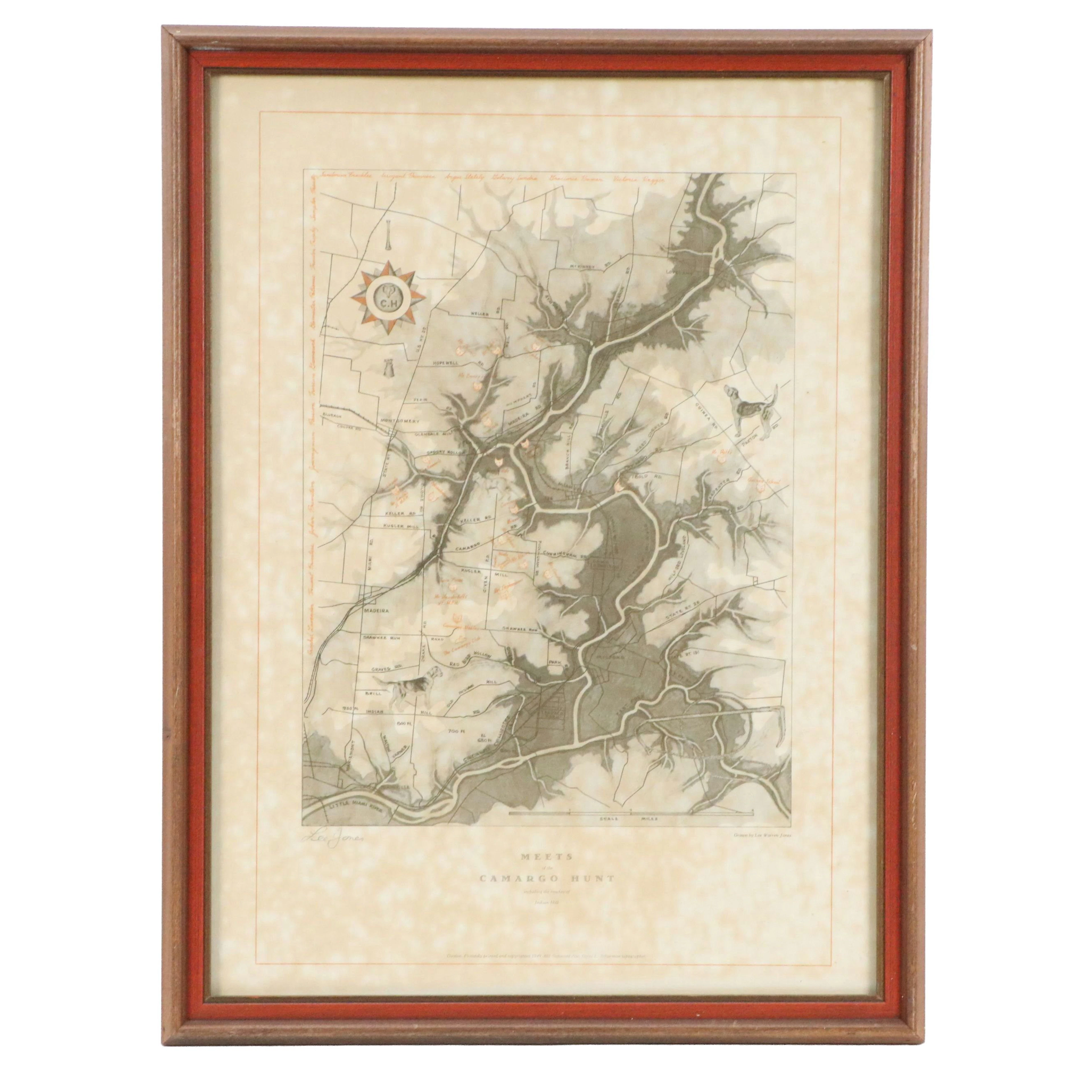 Lee Warren Jones Offset Lithograph Map "Meets of the Carmago Hunt," 1949