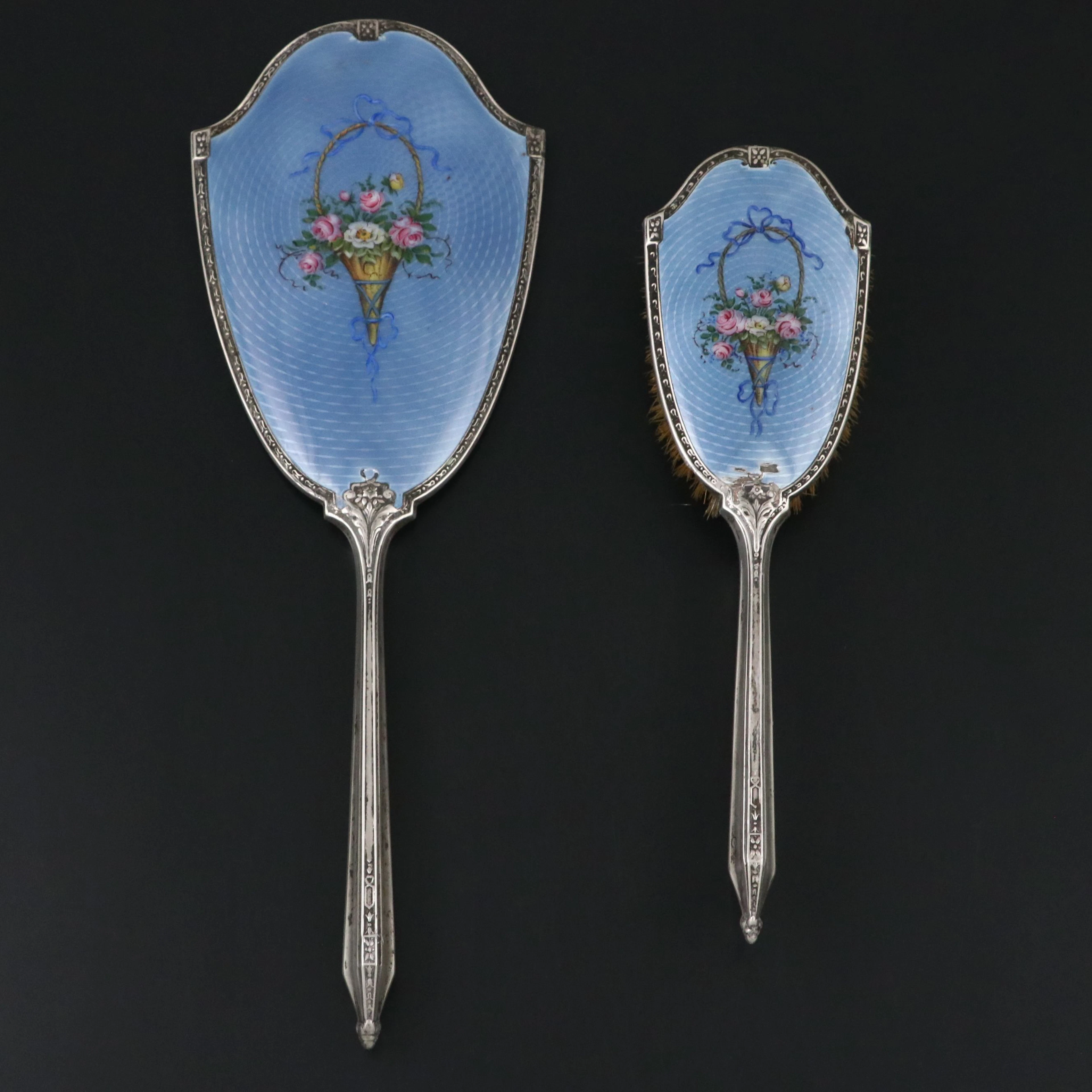 Sterling Silver and Blue Guilloché Enamel Vanity Mirror and Brush