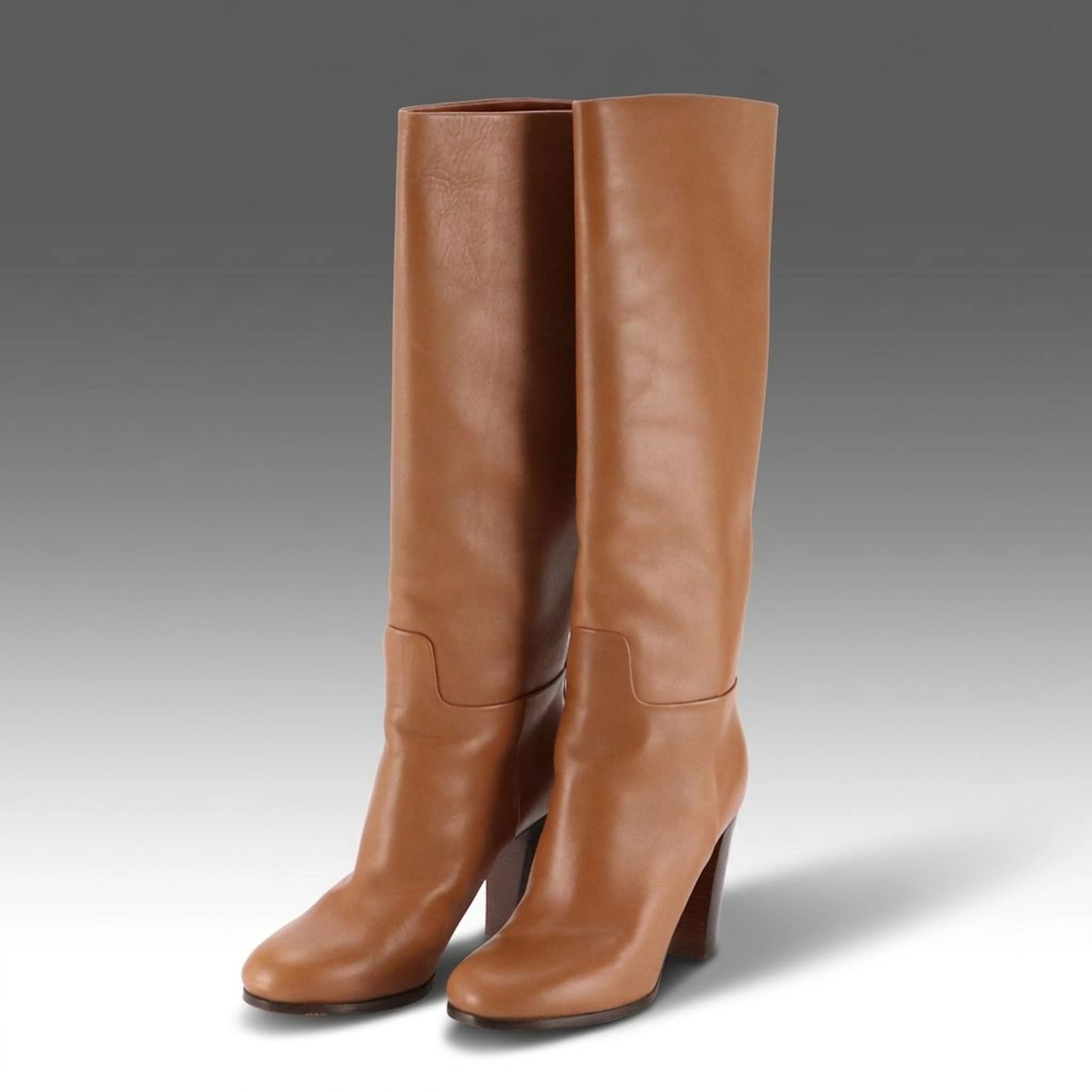 Céline Knee-High Heeled Boots in Camel Calfskin Leather, with Box