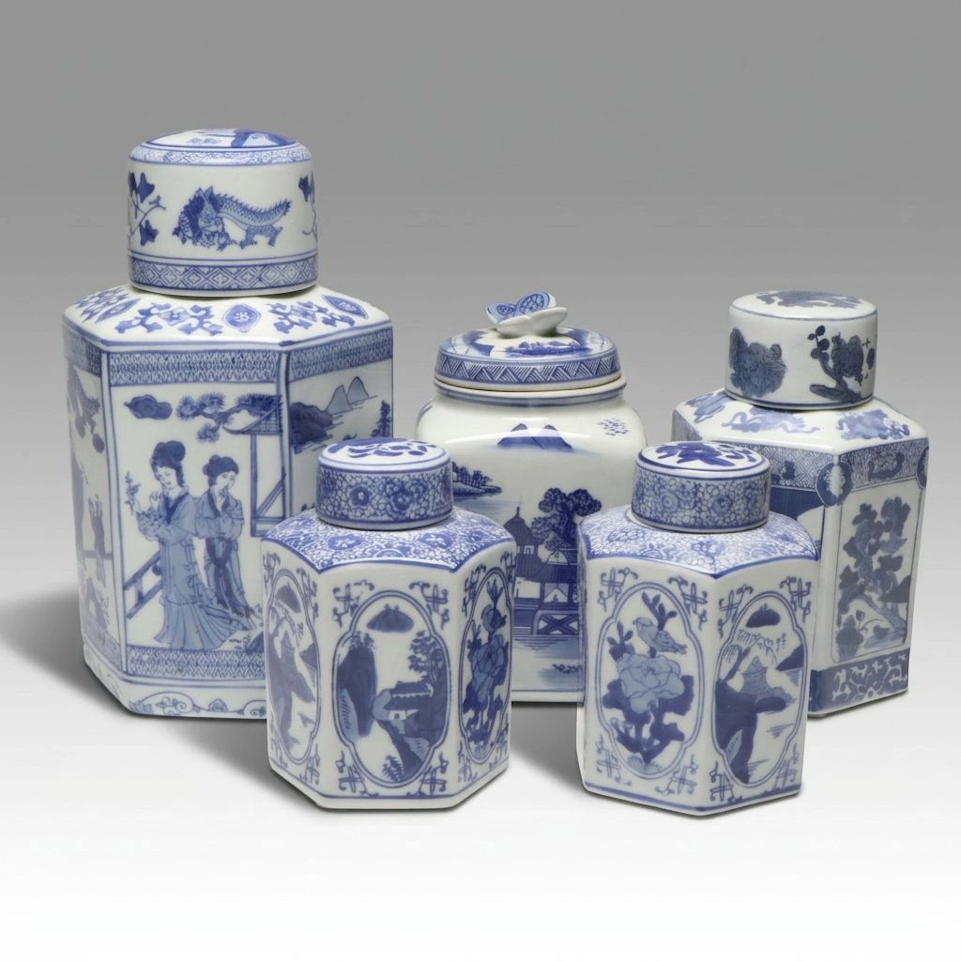 Blue and White Hexagonal Ginger Jar