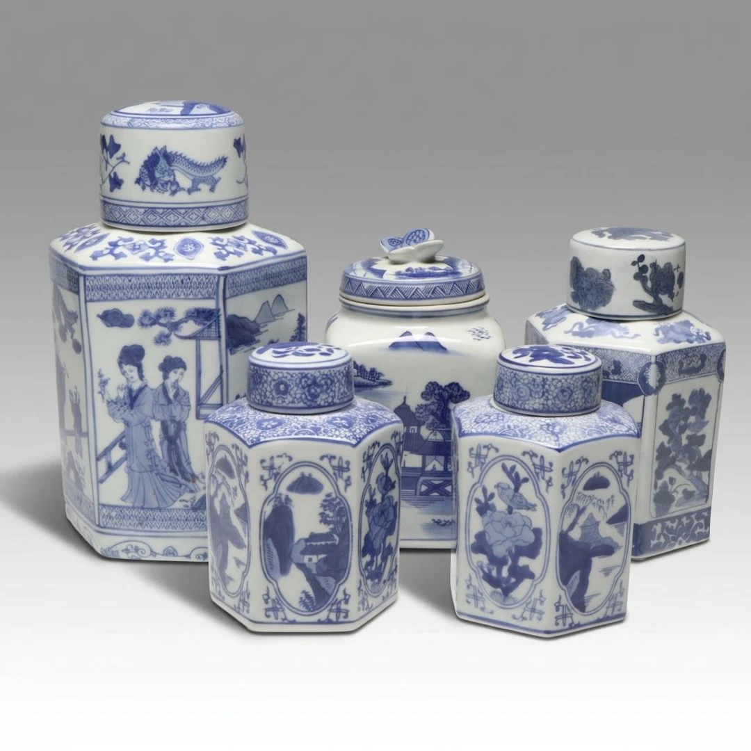 Blue and White Hexagonal Ginger Jar