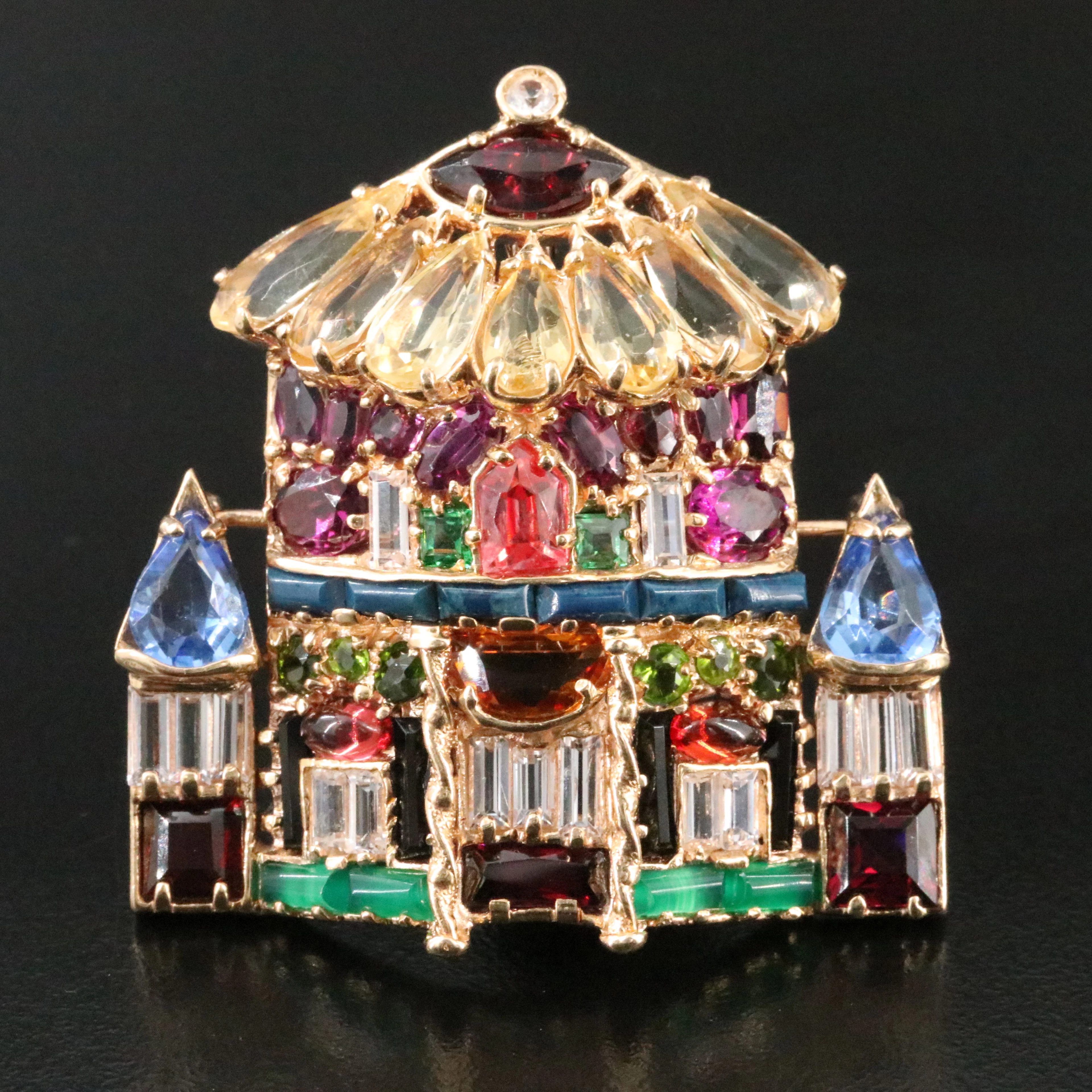 14K Multicolor Gemstone Castle Brooch