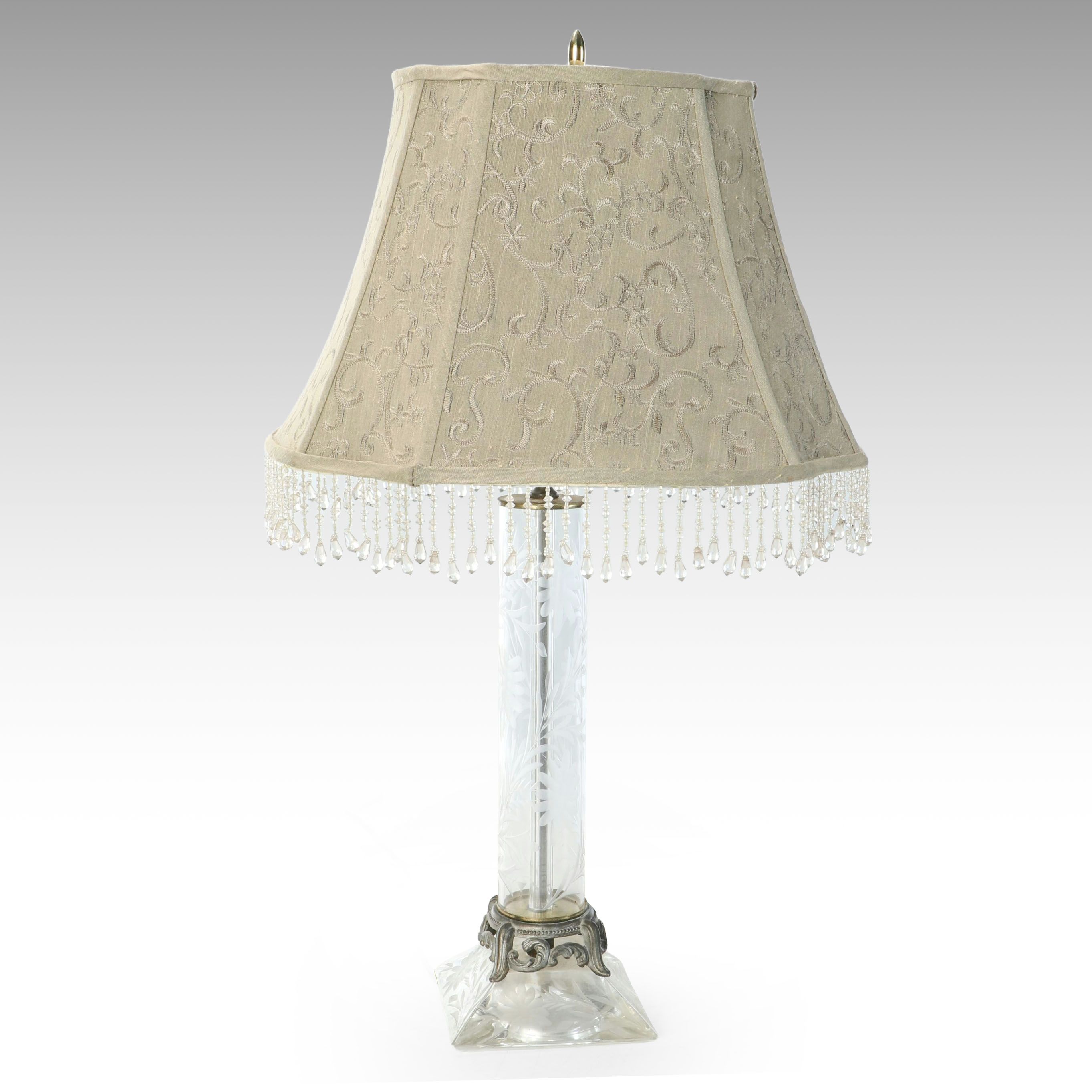 Neoclassical Style Etched Glass Table Lamp with Beaded Brocade Shade